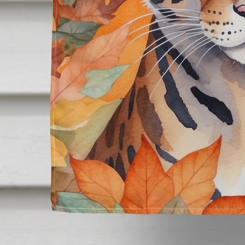 Safari Cat in Fall Leaves House Flag 28x40 Porch Sleeve Pole Decorative Outside Yard Banner Artwork Wall Hanging, Polyester