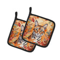 Safari Cat in Fall Leaves Pot Holder Set of 2 Heat Resistant Quilted Hot Pads 7.5 x 7.5 Inch, Insulated Kitchen Trivets for Cooking & Baking