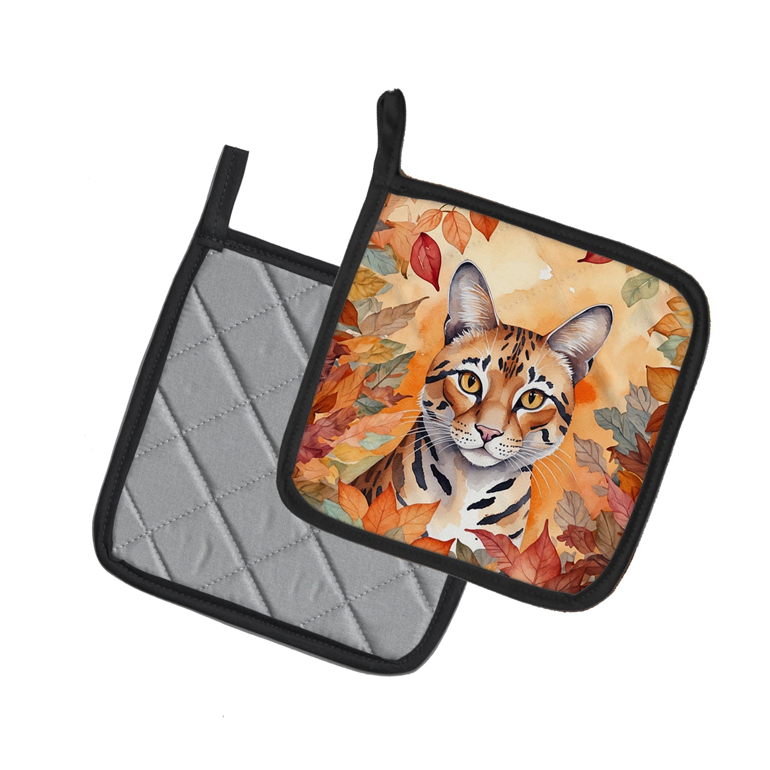 Safari Cat in Fall Leaves Pot Holder Set of 2 Heat Resistant Quilted Hot Pads 7.5 x 7.5 Inch, Insulated Kitchen Trivets for Cooking & Baking