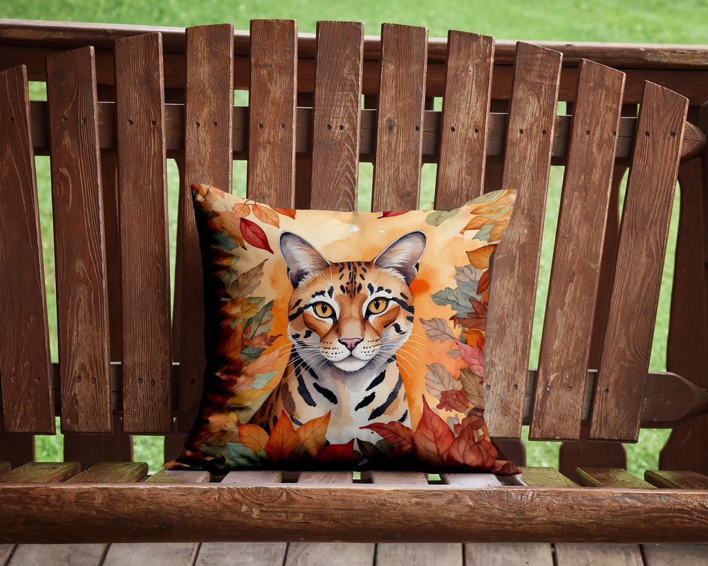 Safari Cat in Fall Leaves Decorative Throw Pillow 14x14 Indoor Outdoor Accent Cushion, Fabric Cover with Insert for Sofa, Bed, Porch & Living Room