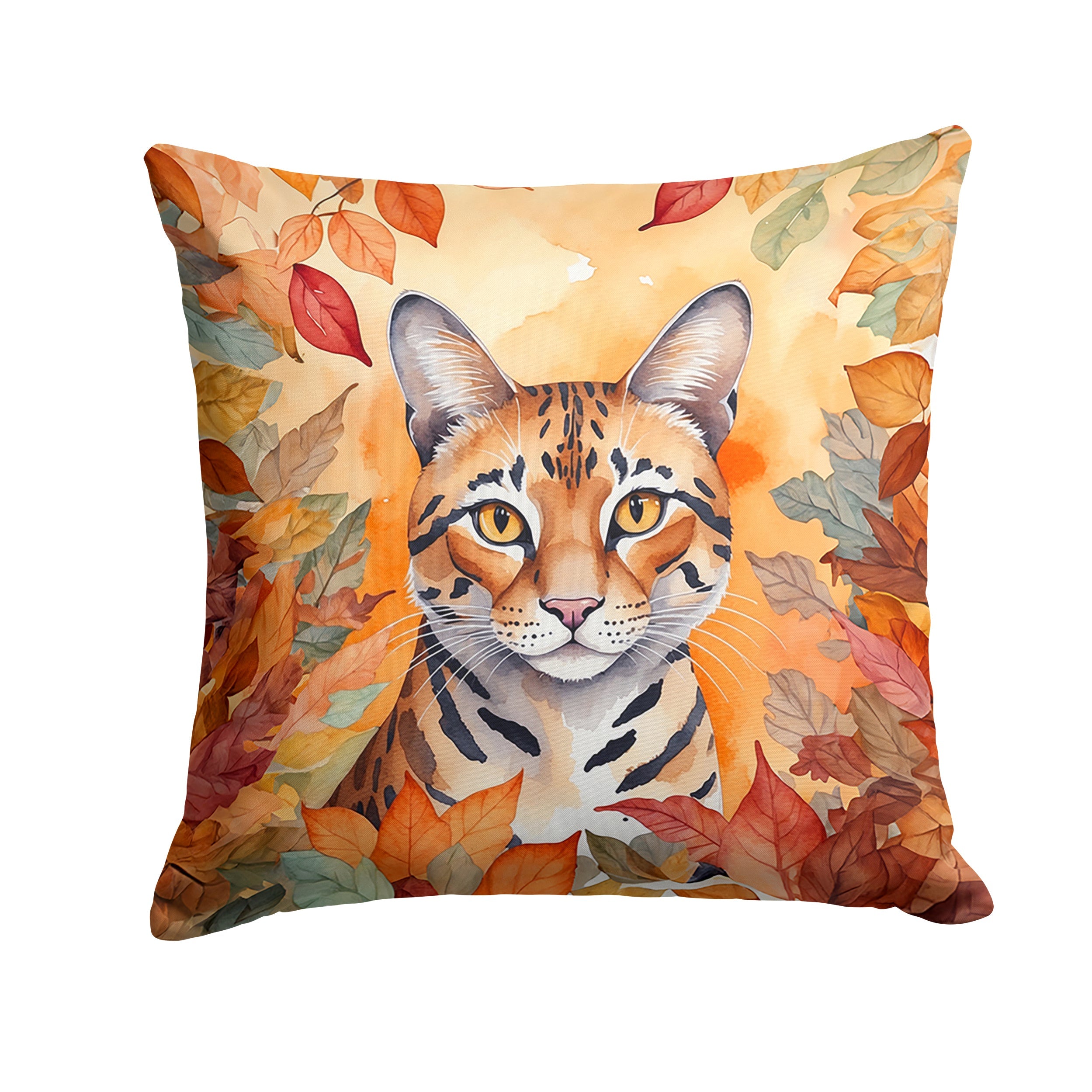 Safari Cat in Fall Leaves Decorative Throw Pillow 18x18 Indoor Outdoor Accent Cushion, Fabric Cover with Insert for Sofa, Bed, Porch & Living Room