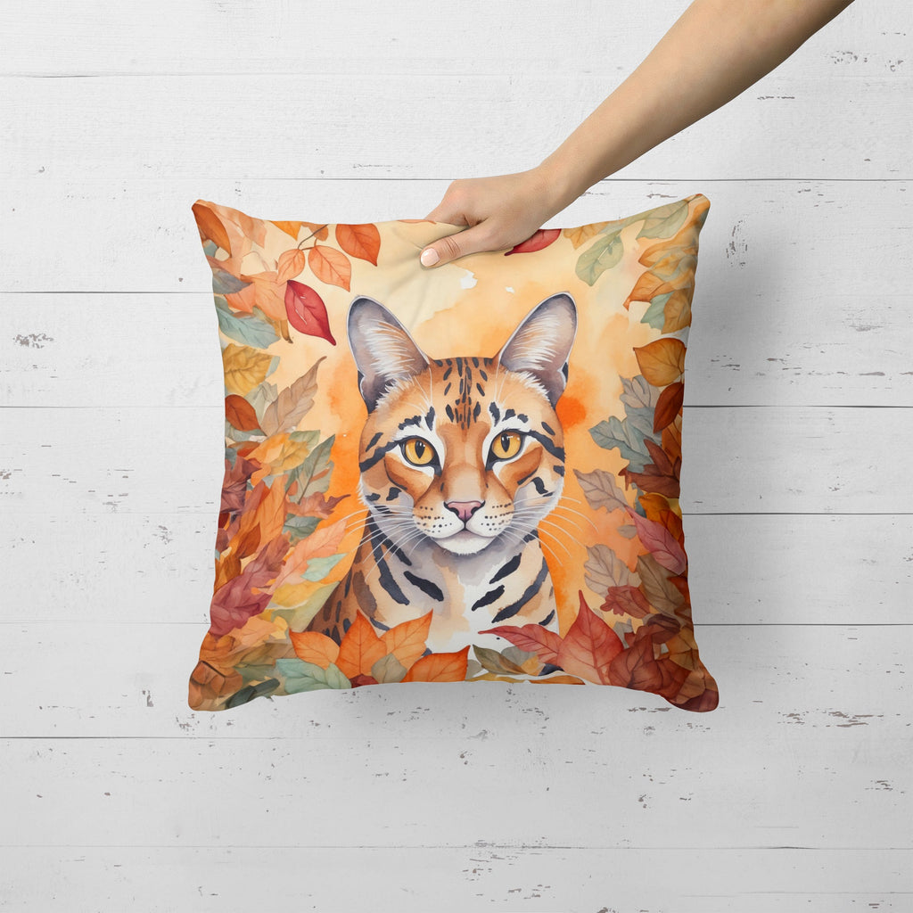 Safari Cat in Fall Leaves Decorative Throw Pillow 18x18 Indoor Outdoor Accent Cushion, Fabric Cover with Insert for Sofa, Bed, Porch & Living Room