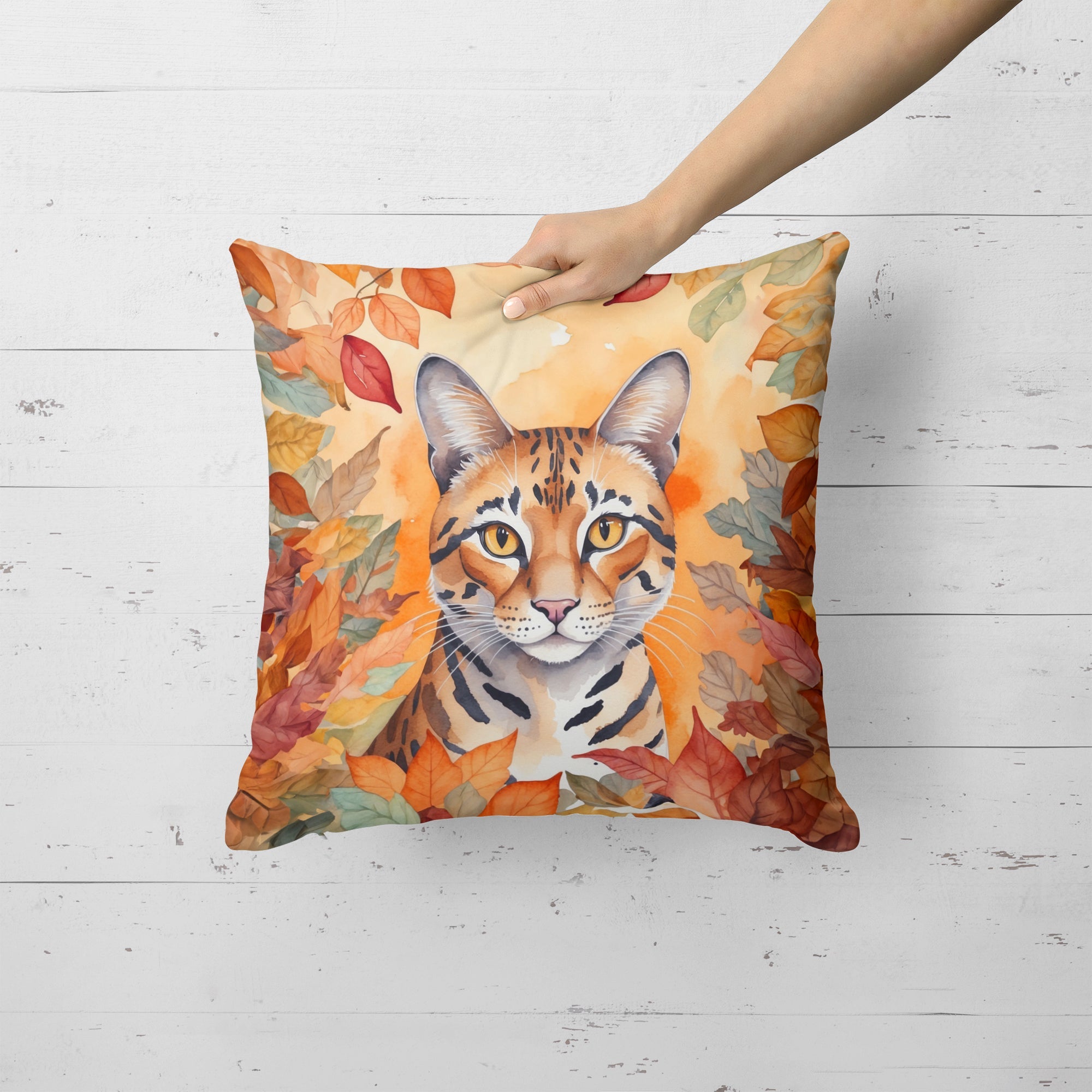 Safari Cat in Fall Leaves Decorative Throw Pillow 18x18 Indoor Outdoor Accent Cushion, Fabric Cover with Insert for Sofa, Bed, Porch & Living Room