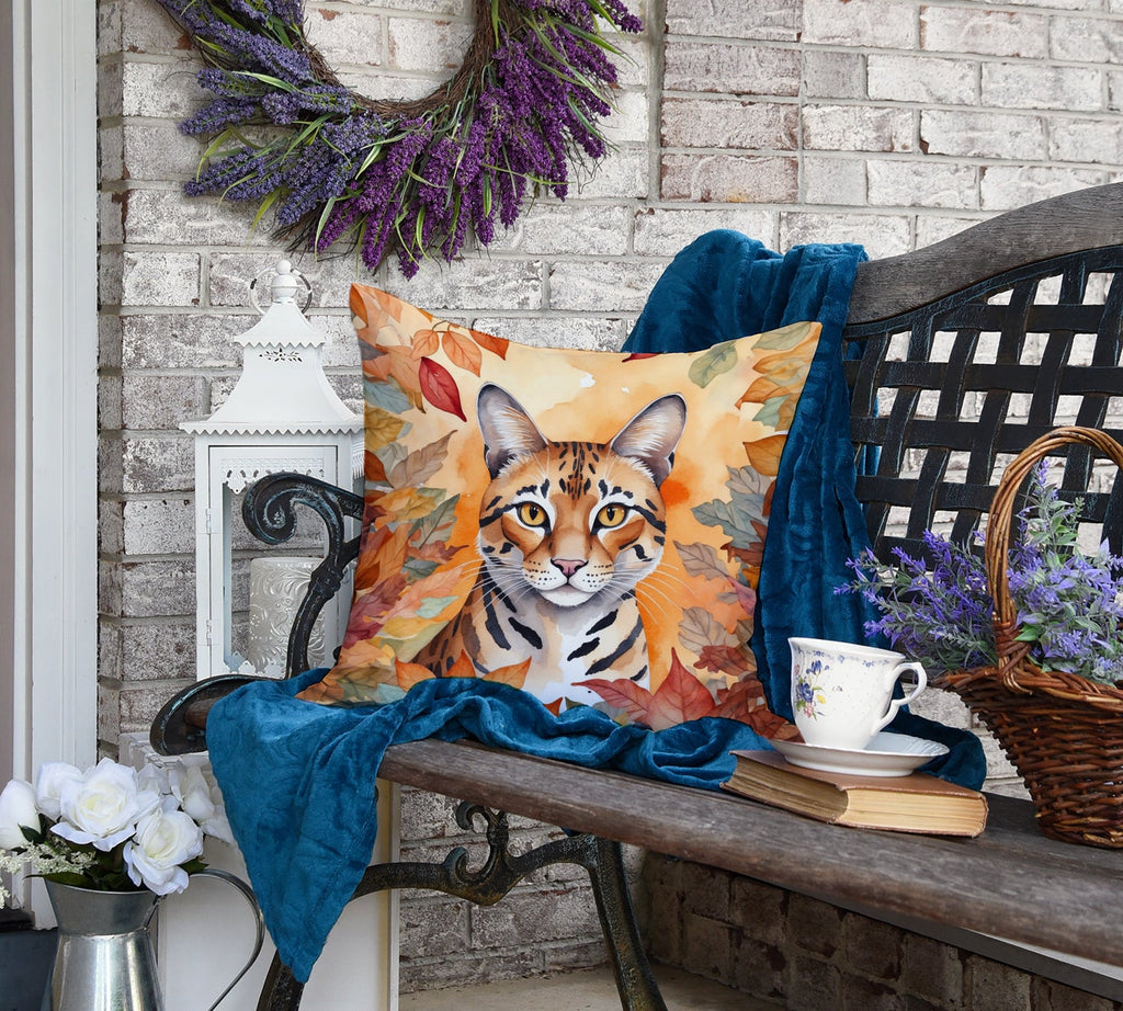 Safari Cat in Fall Leaves Decorative Throw Pillow 18x18 Indoor Outdoor Accent Cushion, Fabric Cover with Insert for Sofa, Bed, Porch & Living Room