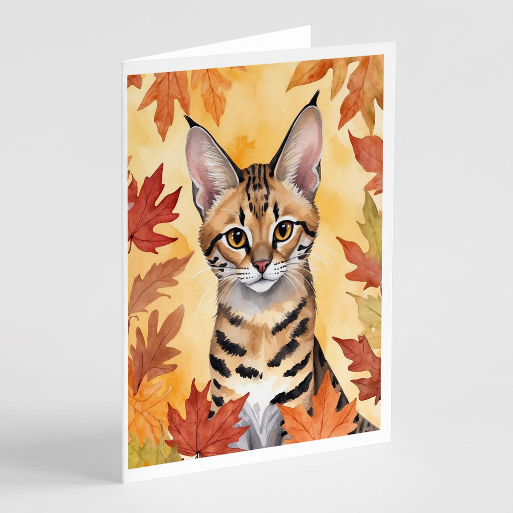 Savannah Cat in Fall Leaves Greeting Cards Pack of 8 Blank Cards with Envelopes Whimsical A7 Size 5x7