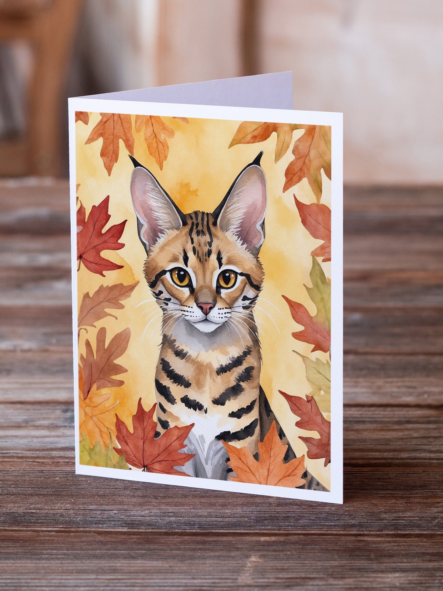 Savannah Cat in Fall Leaves Greeting Cards Pack of 8 Blank Cards with Envelopes Whimsical A7 Size 5x7
