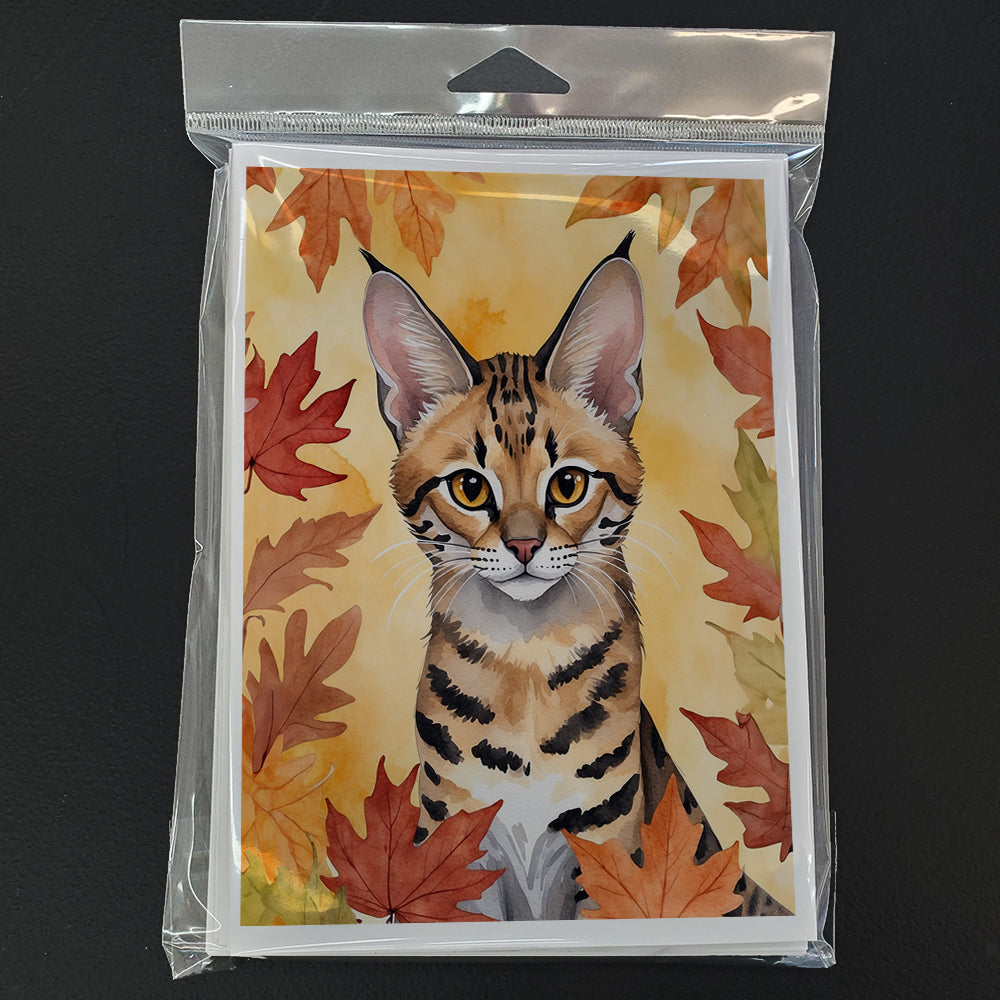 Savannah Cat in Fall Leaves Greeting Cards Pack of 8 Blank Cards with Envelopes Whimsical A7 Size 5x7