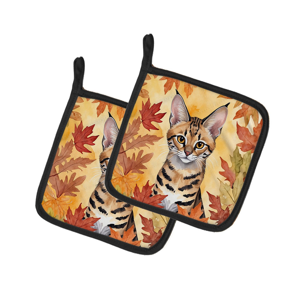 Savannah Cat in Fall Leaves Pot Holder Set of 2 Heat Resistant Quilted Hot Pads 7.5 x 7.5 Inch, Insulated Kitchen Trivets for Cooking & Baking