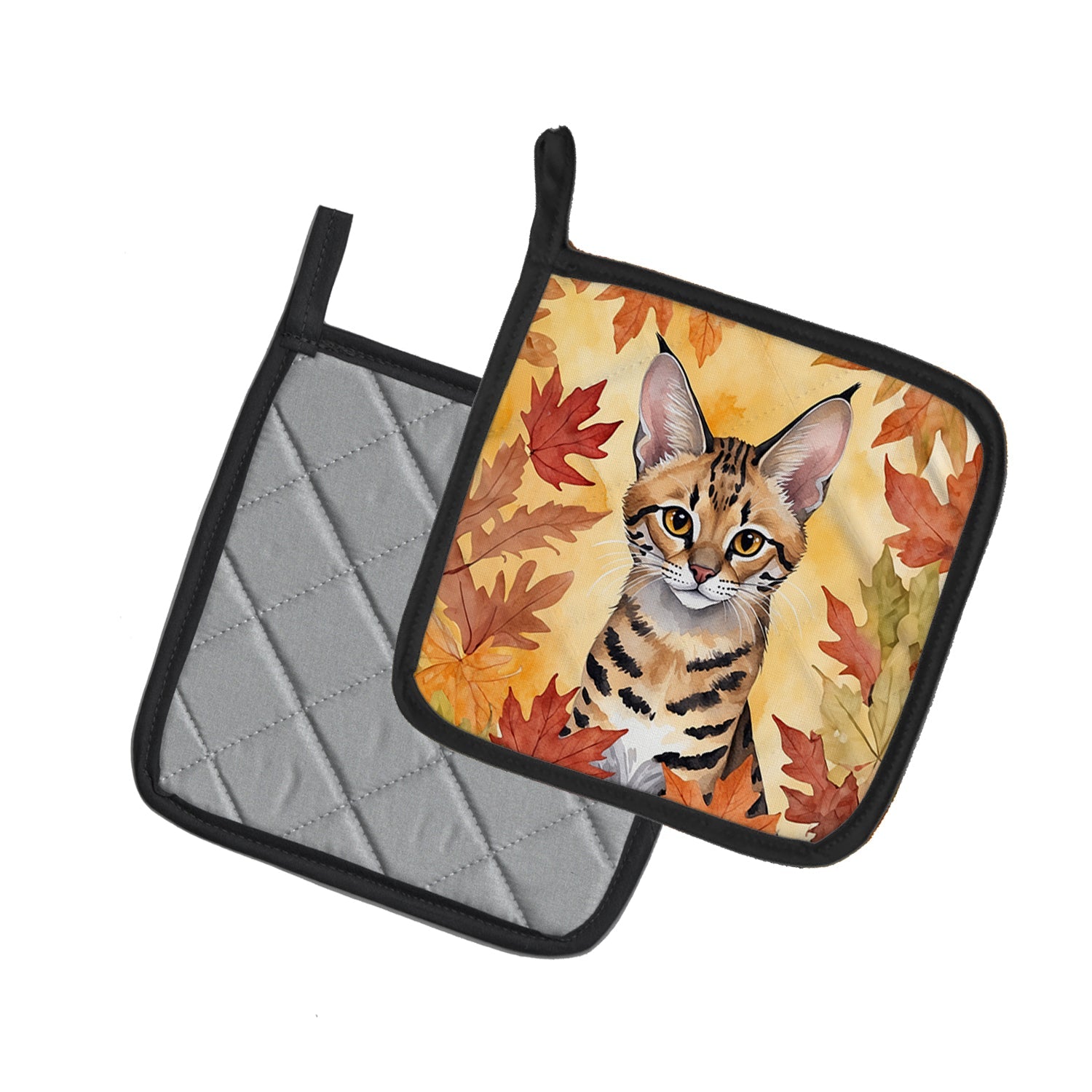 Savannah Cat in Fall Leaves Pot Holder Set of 2 Heat Resistant Quilted Hot Pads 7.5 x 7.5 Inch, Insulated Kitchen Trivets for Cooking & Baking