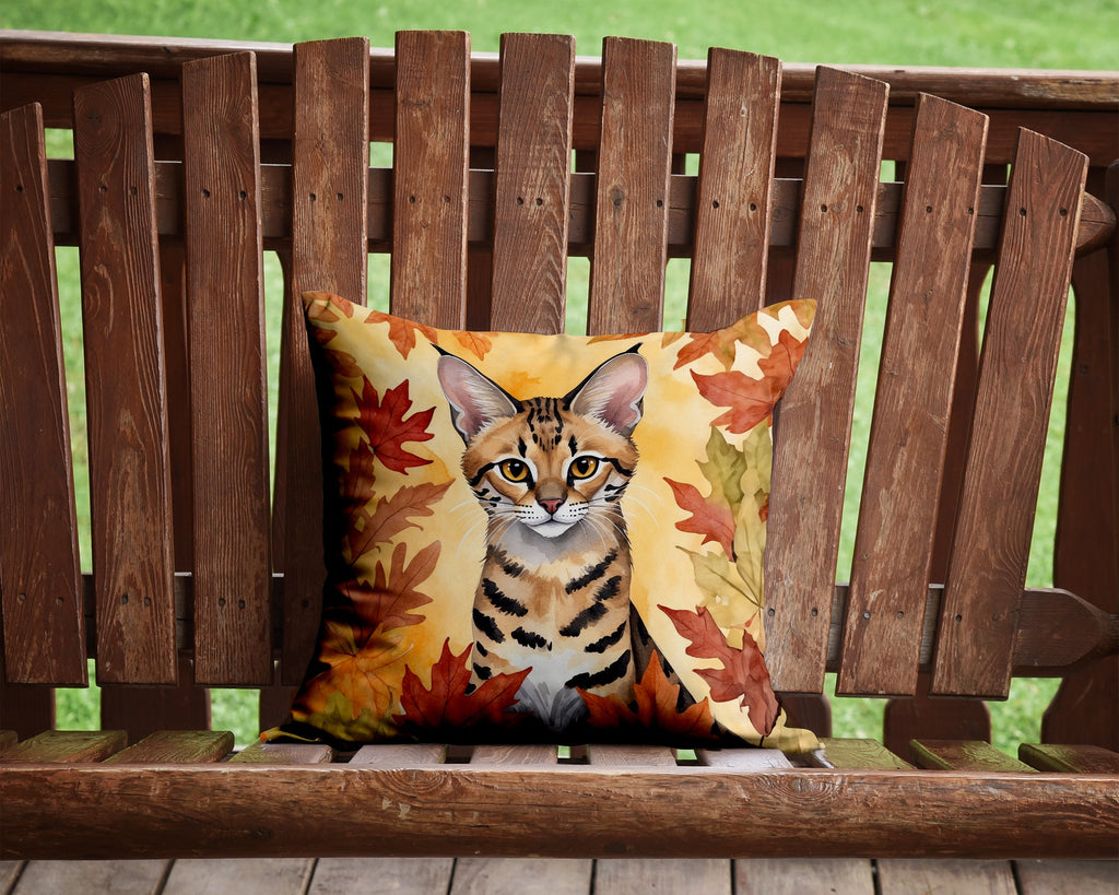 Savannah Cat in Fall Leaves Decorative Throw Pillow 14x14 Indoor Outdoor Accent Cushion, Fabric Cover with Insert for Sofa, Bed, Porch & Living Room