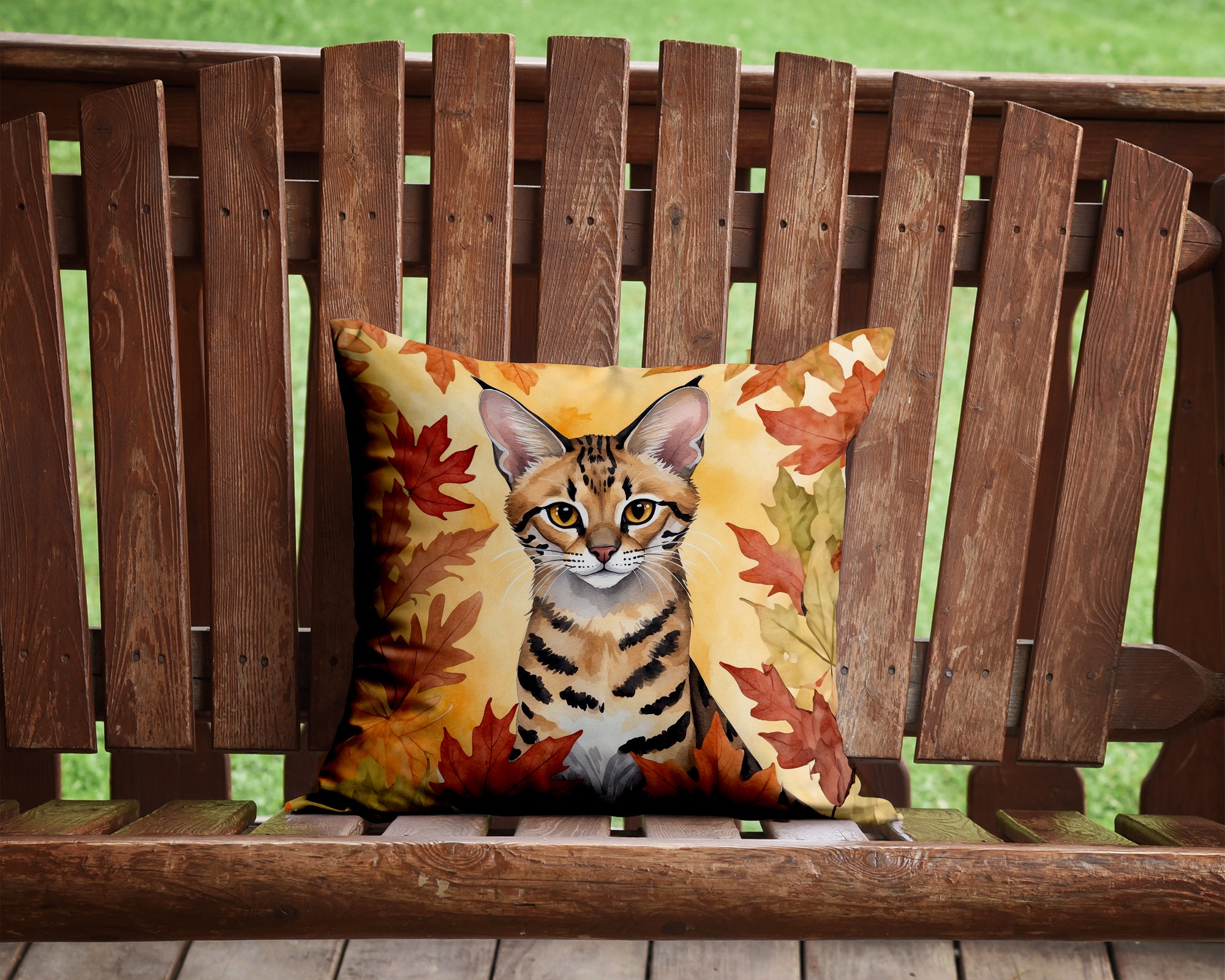 Savannah Cat in Fall Leaves Decorative Throw Pillow 14x14 Indoor Outdoor Accent Cushion, Fabric Cover with Insert for Sofa, Bed, Porch & Living Room