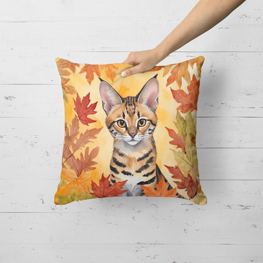 Savannah Cat in Fall Leaves Decorative Throw Pillow 18x18 Indoor Outdoor Accent Cushion, Fabric Cover with Insert for Sofa, Bed, Porch & Living Room