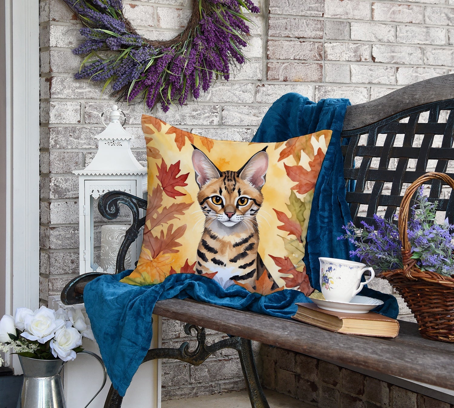 Savannah Cat in Fall Leaves Decorative Throw Pillow 18x18 Indoor Outdoor Accent Cushion, Fabric Cover with Insert for Sofa, Bed, Porch & Living Room
