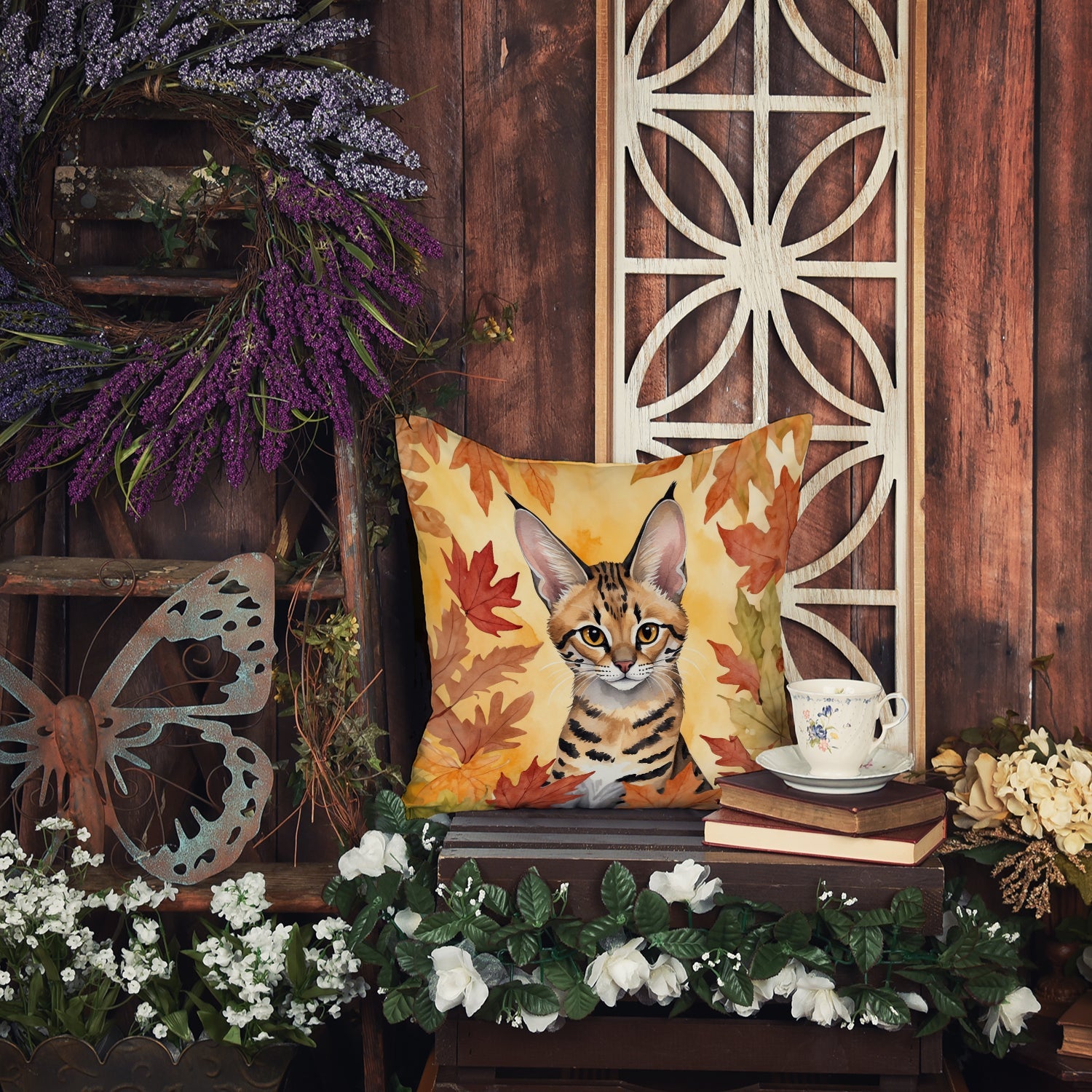 Savannah Cat in Fall Leaves Decorative Throw Pillow 18x18 Indoor Outdoor Accent Cushion, Fabric Cover with Insert for Sofa, Bed, Porch & Living Room
