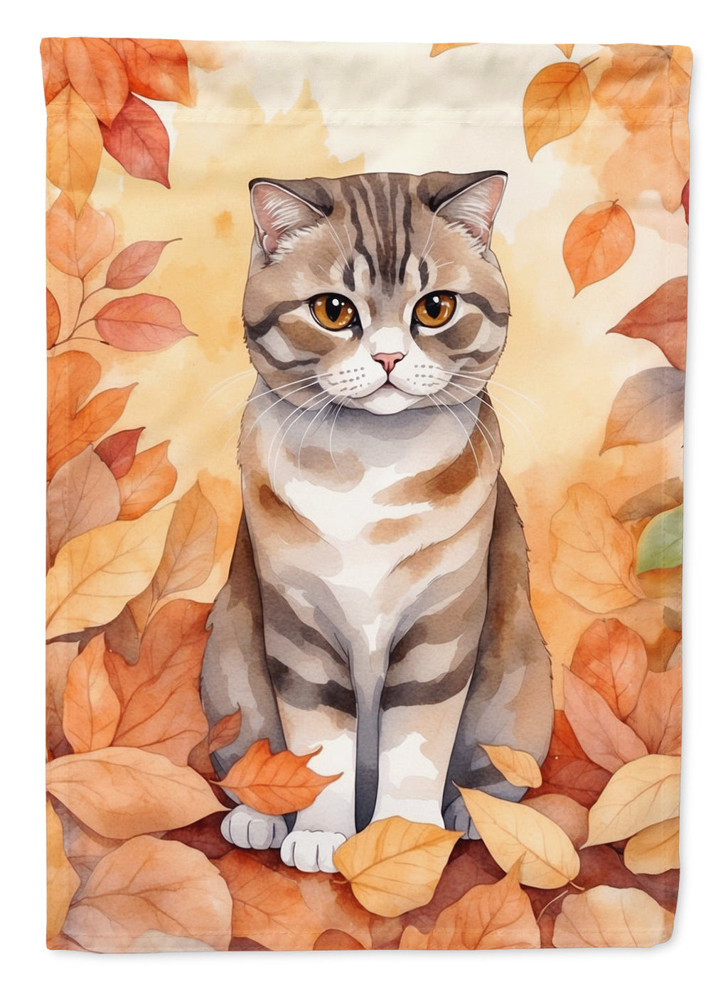 Scottish Fold Cat in Fall Leaves House Flag 28x40 Porch Sleeve Pole Decorative Outside Yard Banner Artwork Wall Hanging, Polyester