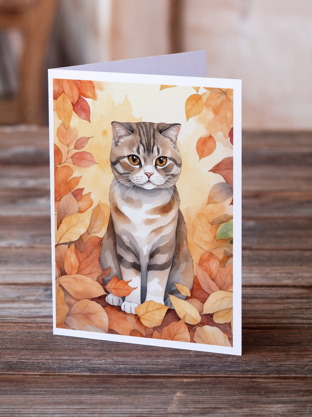 Scottish Fold Cat in Fall Leaves Greeting Cards Pack of 8 Blank Cards with Envelopes Whimsical A7 Size 5x7