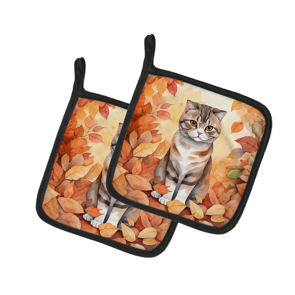 Scottish Fold Cat in Fall Leaves Pot Holder Set of 2 Heat Resistant Quilted Hot Pads 7.5 x 7.5 Inch, Insulated Kitchen Trivets for Cooking & Baking