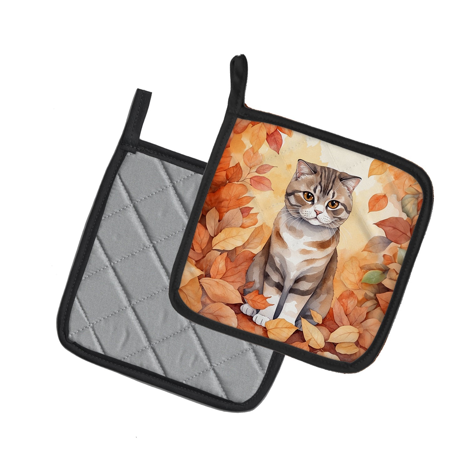 Scottish Fold Cat in Fall Leaves Pot Holder Set of 2 Heat Resistant Quilted Hot Pads 7.5 x 7.5 Inch, Insulated Kitchen Trivets for Cooking & Baking