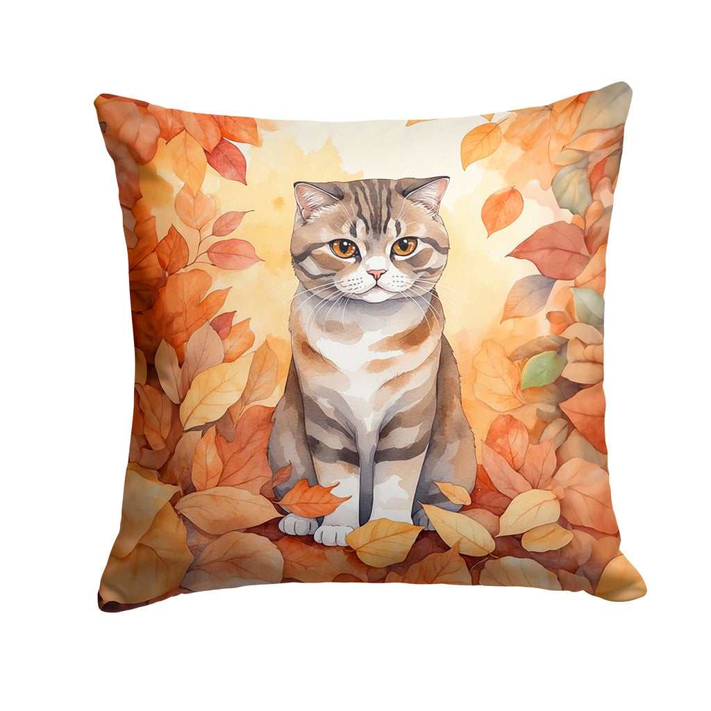 Scottish Fold Cat in Fall Leaves Decorative Throw Pillow 14x14 Indoor Outdoor Accent Cushion, Fabric Cover with Insert for Sofa, Bed, Porch & Living Room