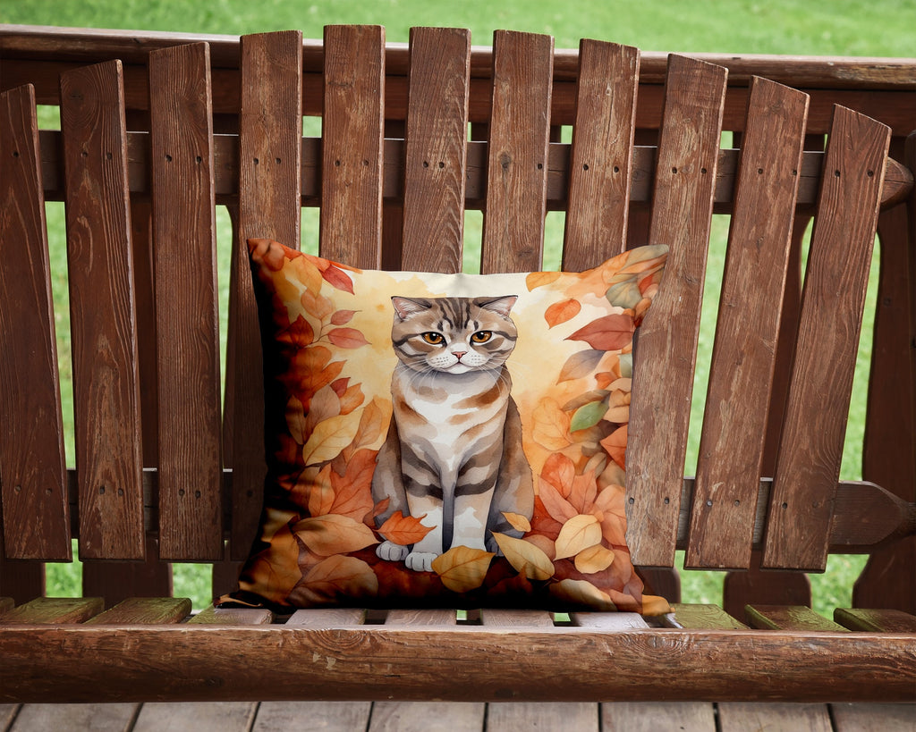 Scottish Fold Cat in Fall Leaves Decorative Throw Pillow 14x14 Indoor Outdoor Accent Cushion, Fabric Cover with Insert for Sofa, Bed, Porch & Living Room