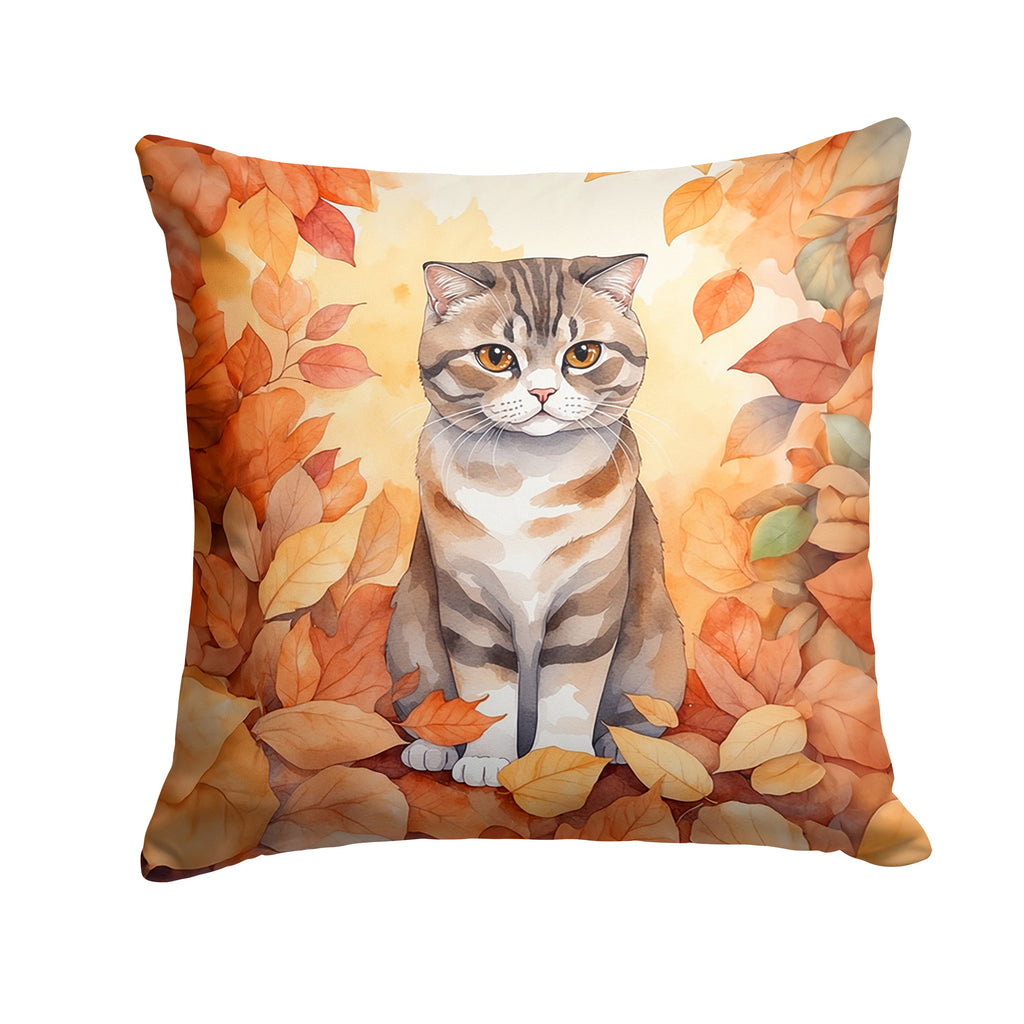 Scottish Fold Cat in Fall Leaves Decorative Throw Pillow 18x18 Indoor Outdoor Accent Cushion, Fabric Cover with Insert for Sofa, Bed, Porch & Living Room