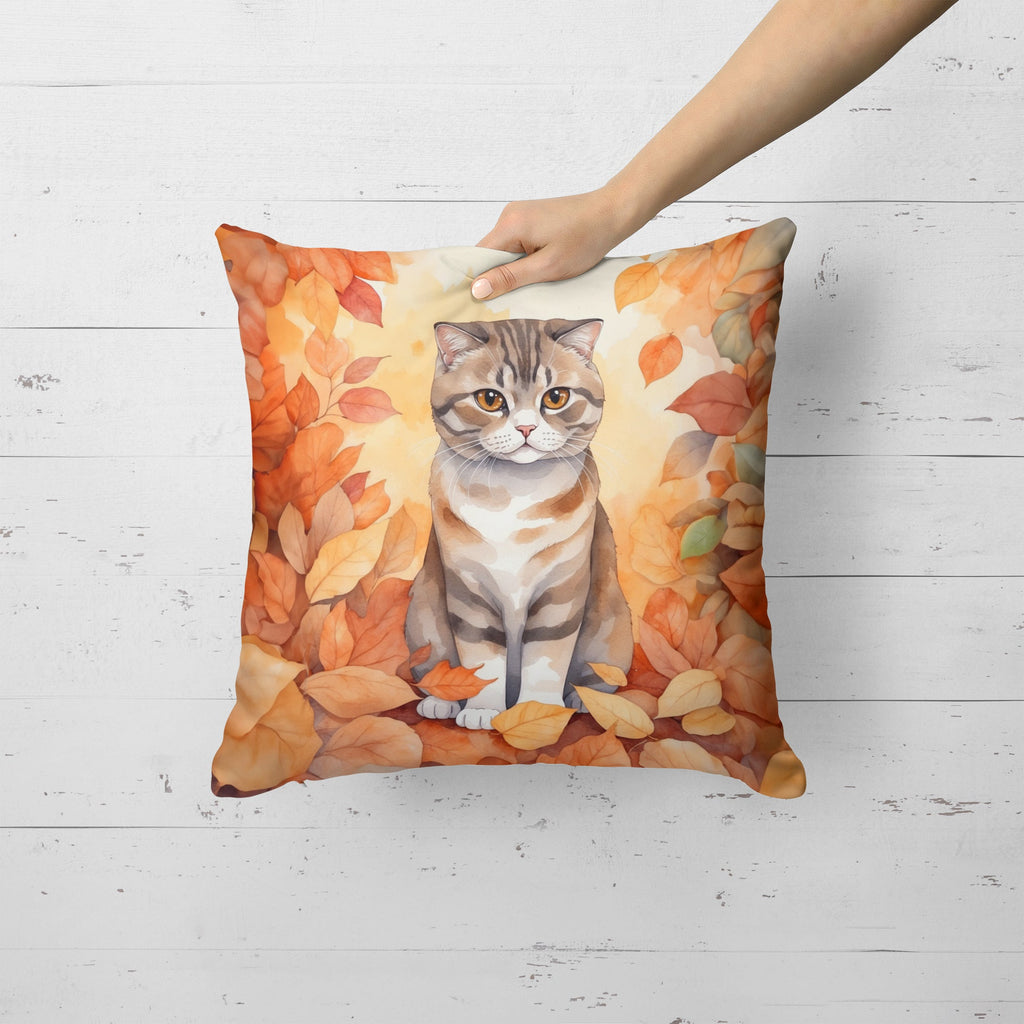 Scottish Fold Cat in Fall Leaves Decorative Throw Pillow 18x18 Indoor Outdoor Accent Cushion, Fabric Cover with Insert for Sofa, Bed, Porch & Living Room