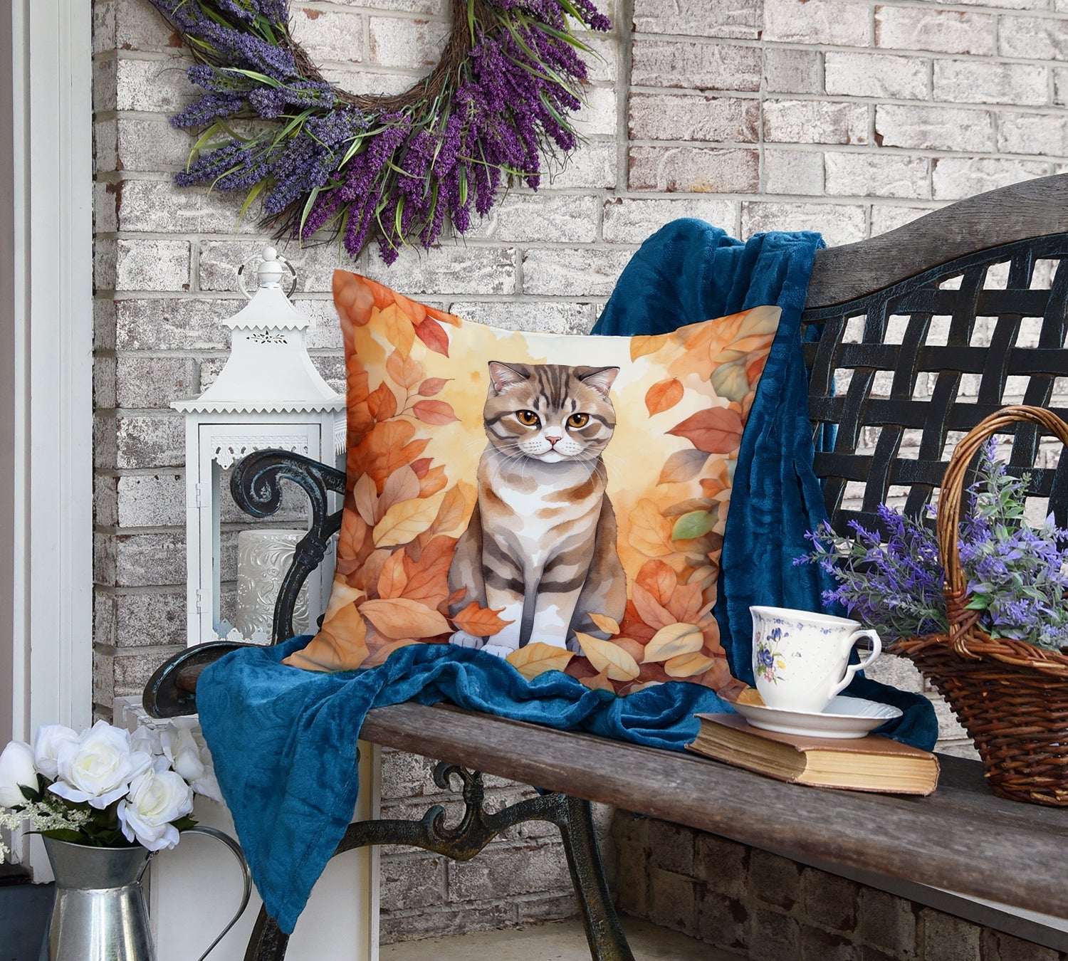 Scottish Fold Cat in Fall Leaves Decorative Throw Pillow 18x18 Indoor Outdoor Accent Cushion, Fabric Cover with Insert for Sofa, Bed, Porch & Living Room