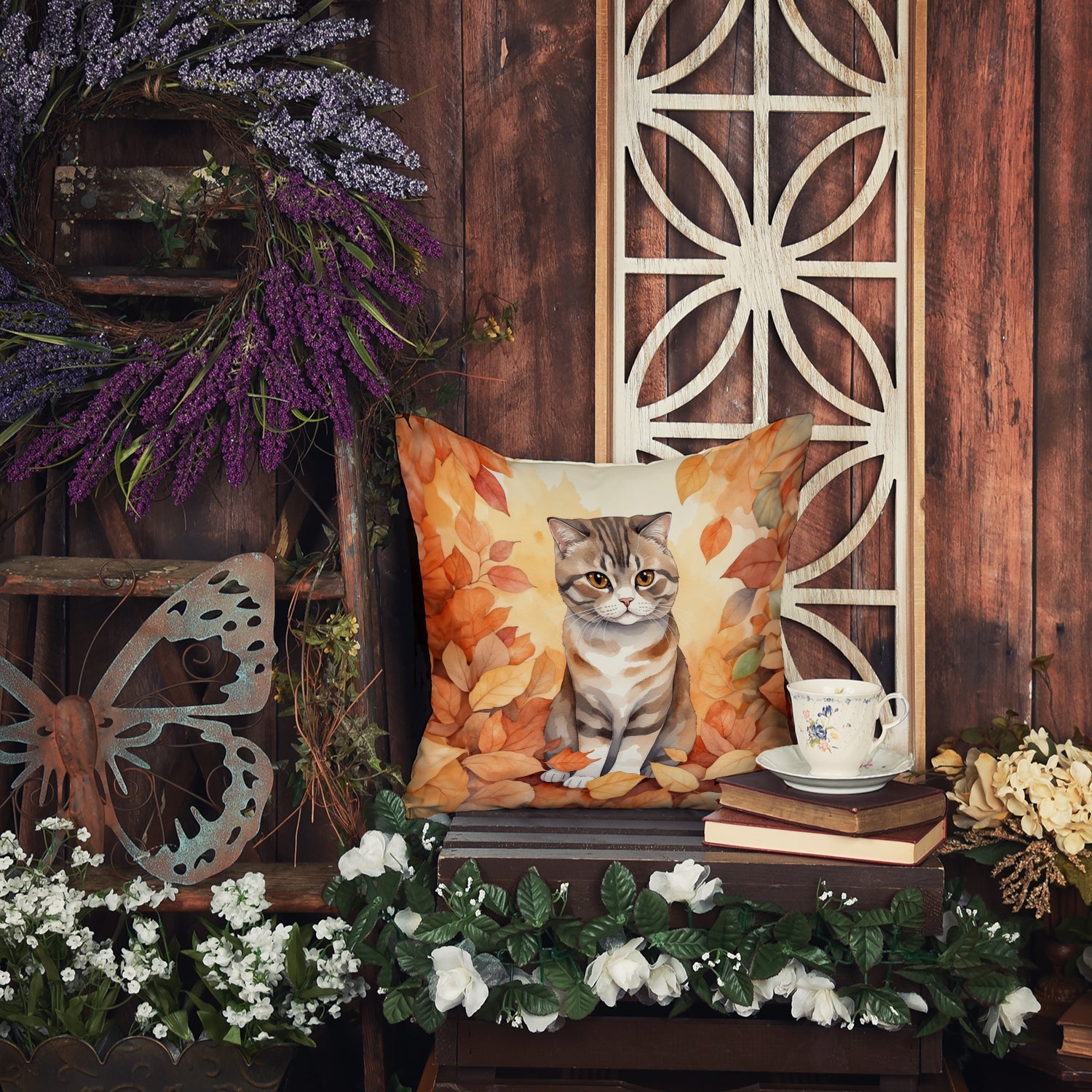 Scottish Fold Cat in Fall Leaves Decorative Throw Pillow 18x18 Indoor Outdoor Accent Cushion, Fabric Cover with Insert for Sofa, Bed, Porch & Living Room