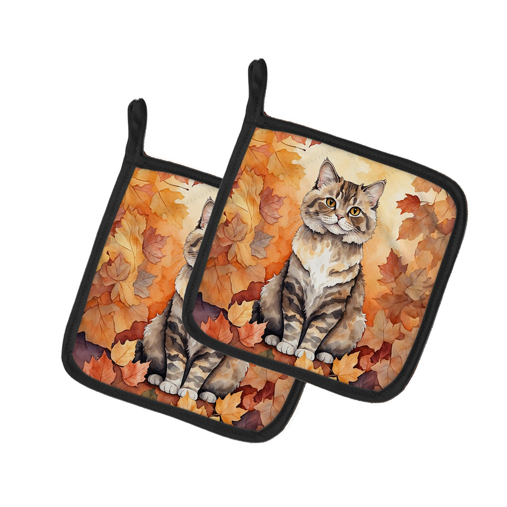 Selkirk Rex Cat in Fall Leaves Pot Holder Set of 2 Heat Resistant Quilted Hot Pads 7.5 x 7.5 Inch, Insulated Kitchen Trivets for Cooking & Baking