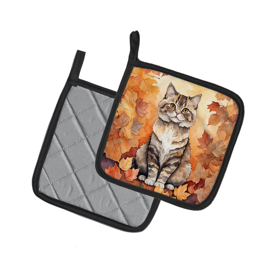 Selkirk Rex Cat in Fall Leaves Pot Holder Set of 2 Heat Resistant Quilted Hot Pads 7.5 x 7.5 Inch, Insulated Kitchen Trivets for Cooking & Baking