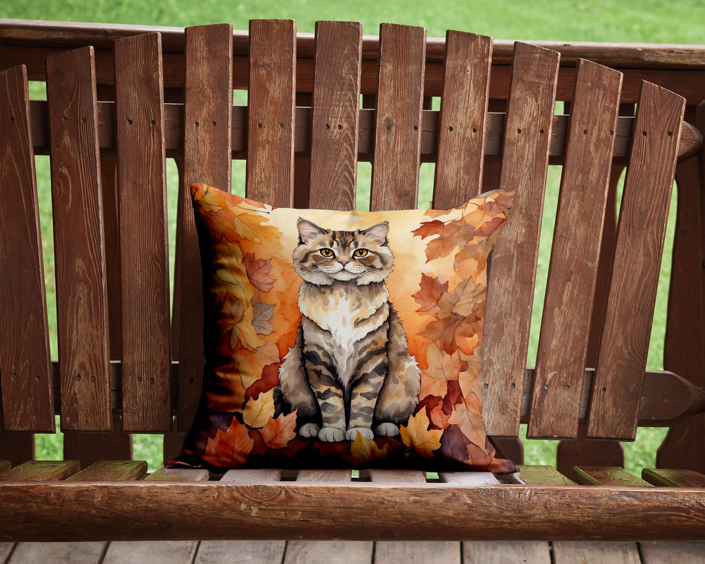 Selkirk Rex Cat in Fall Leaves Decorative Throw Pillow 14x14 Indoor Outdoor Accent Cushion, Fabric Cover with Insert for Sofa, Bed, Porch & Living Room
