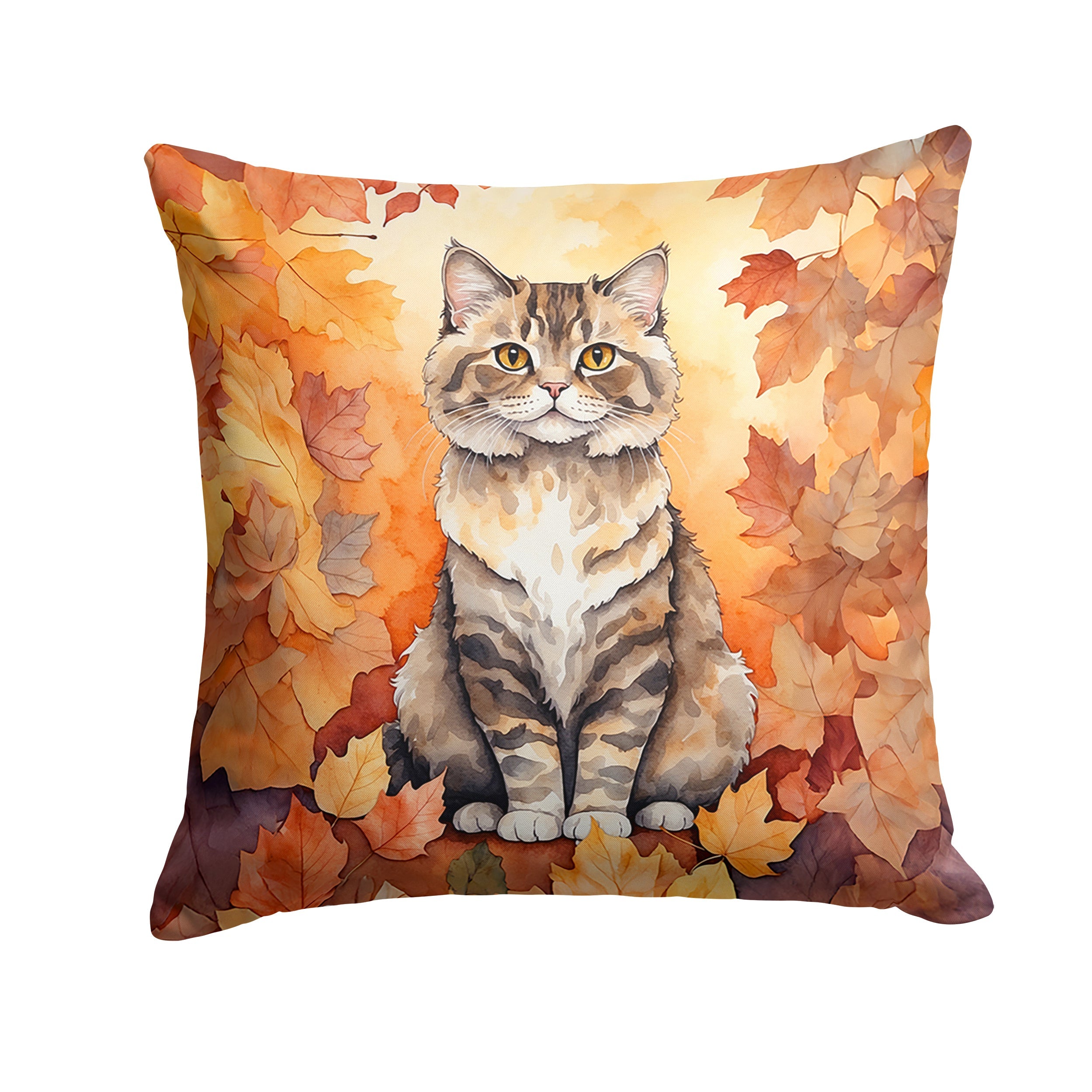 Selkirk Rex Cat in Fall Leaves Decorative Throw Pillow 18x18 Indoor Outdoor Accent Cushion, Fabric Cover with Insert for Sofa, Bed, Porch & Living Room