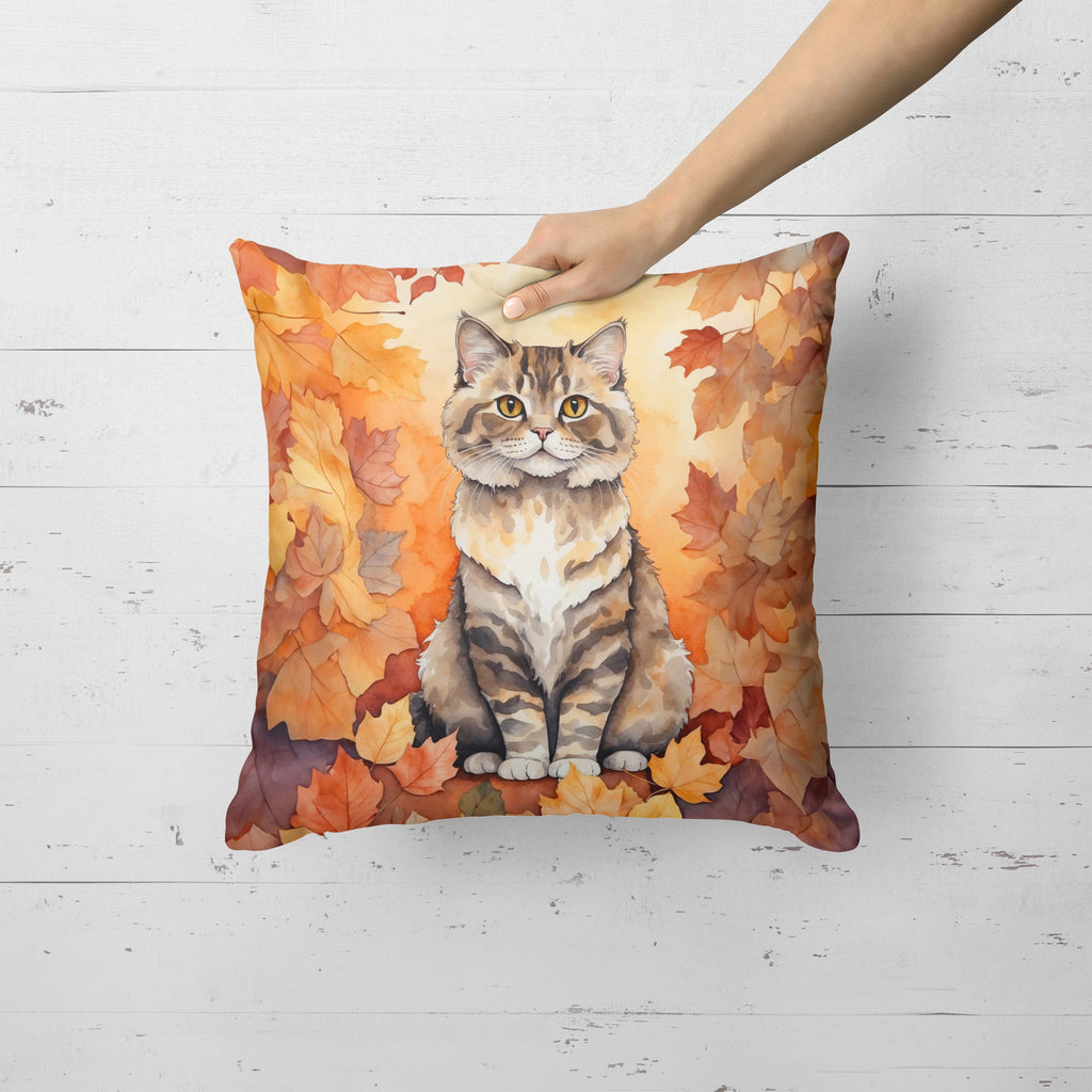 Selkirk Rex Cat in Fall Leaves Decorative Throw Pillow 18x18 Indoor Outdoor Accent Cushion, Fabric Cover with Insert for Sofa, Bed, Porch & Living Room