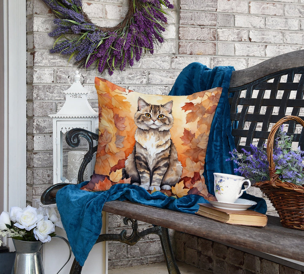 Selkirk Rex Cat in Fall Leaves Decorative Throw Pillow 18x18 Indoor Outdoor Accent Cushion, Fabric Cover with Insert for Sofa, Bed, Porch & Living Room