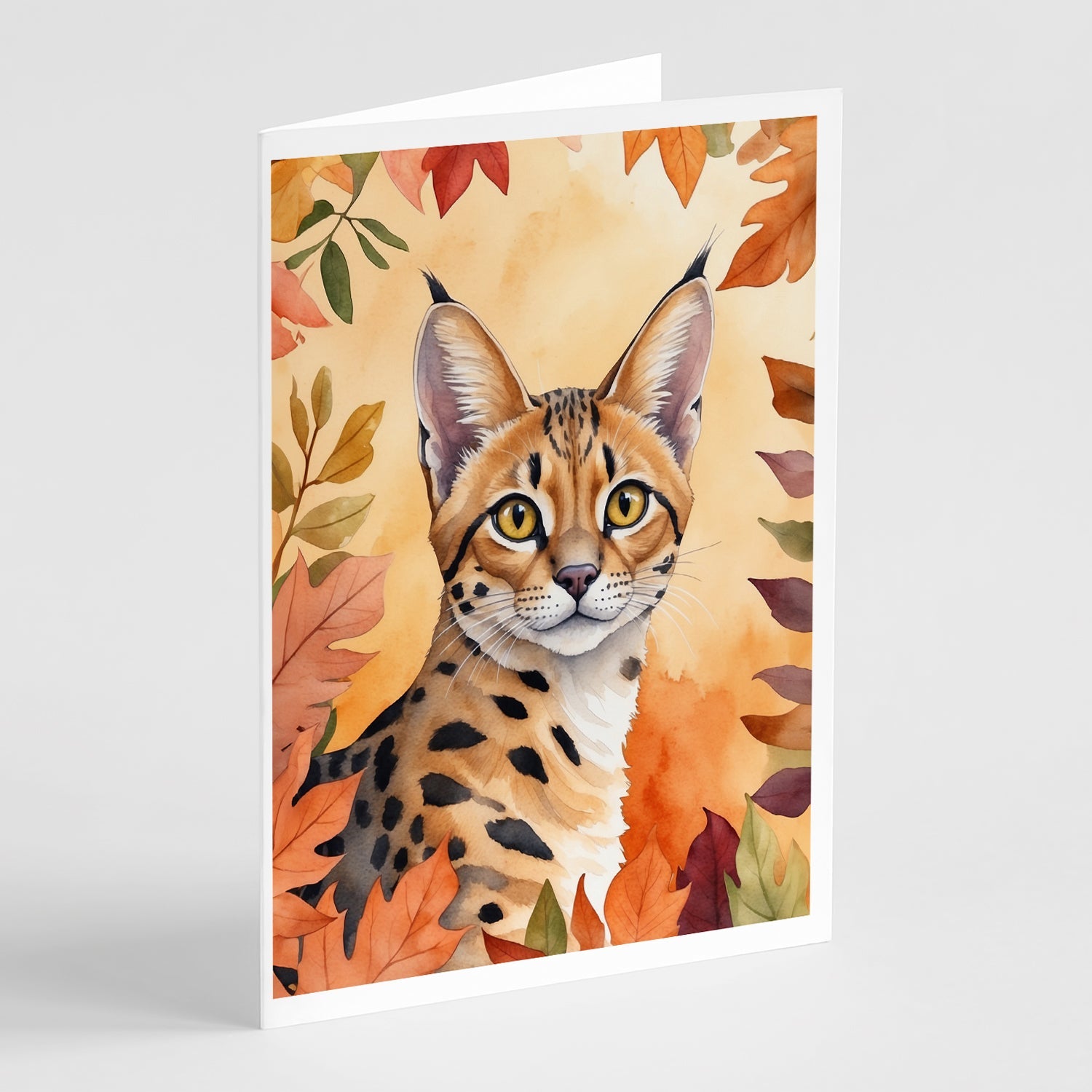 Serengeti Cat in Fall Leaves Greeting Cards Pack of 8 Blank Cards with Envelopes Whimsical A7 Size 5x7