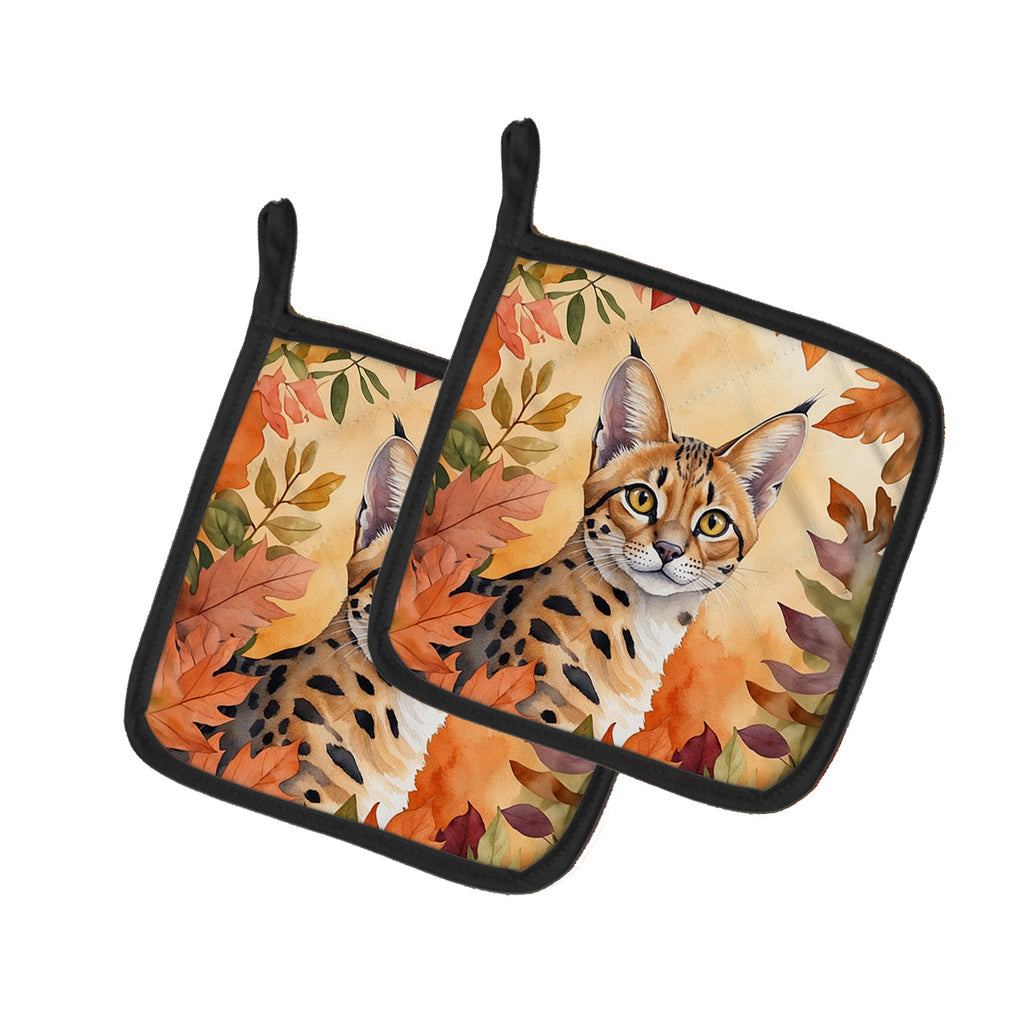 Serengeti Cat in Fall Leaves Pot Holder Set of 2 Heat Resistant Quilted Hot Pads 7.5 x 7.5 Inch, Insulated Kitchen Trivets for Cooking & Baking