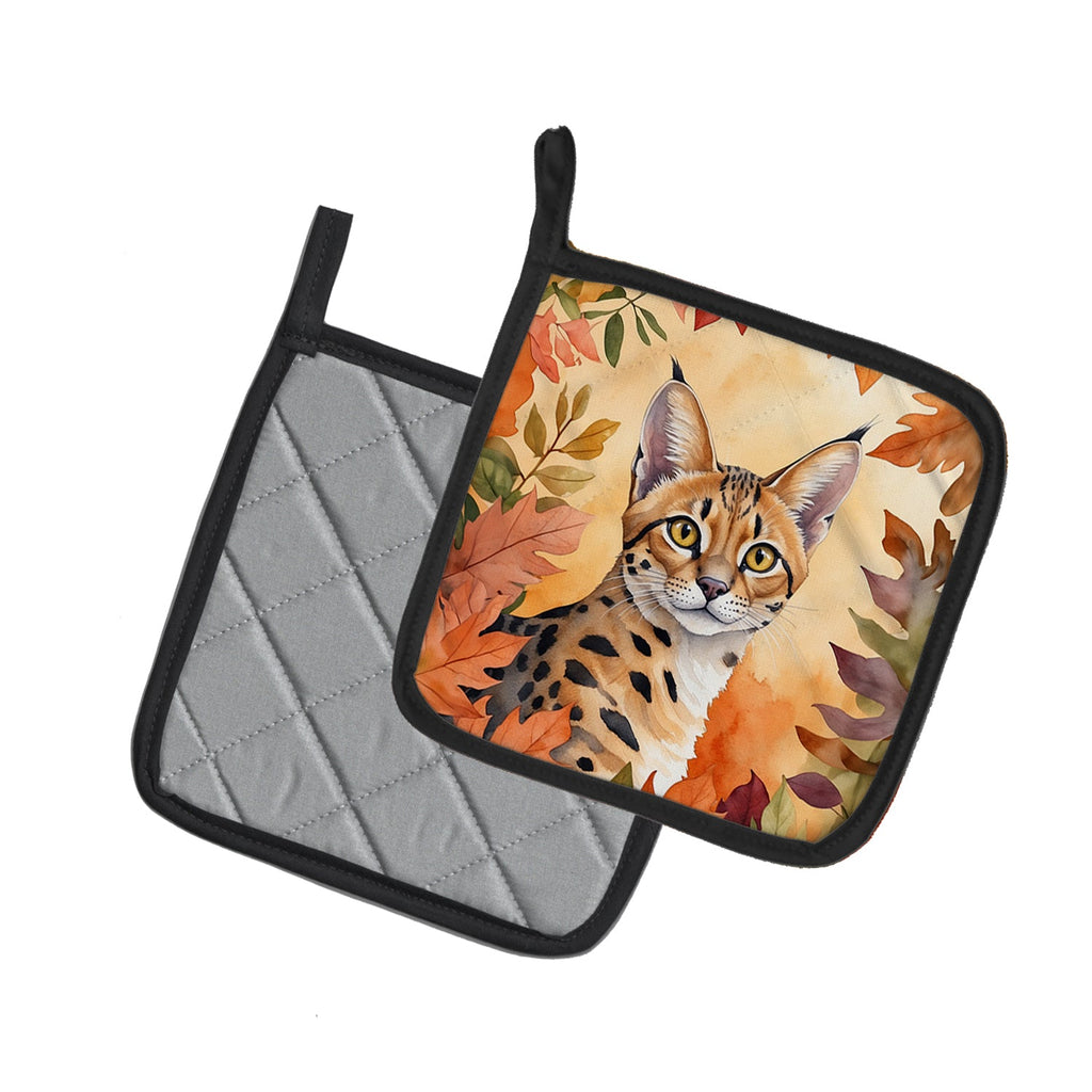 Serengeti Cat in Fall Leaves Pot Holder Set of 2 Heat Resistant Quilted Hot Pads 7.5 x 7.5 Inch, Insulated Kitchen Trivets for Cooking & Baking