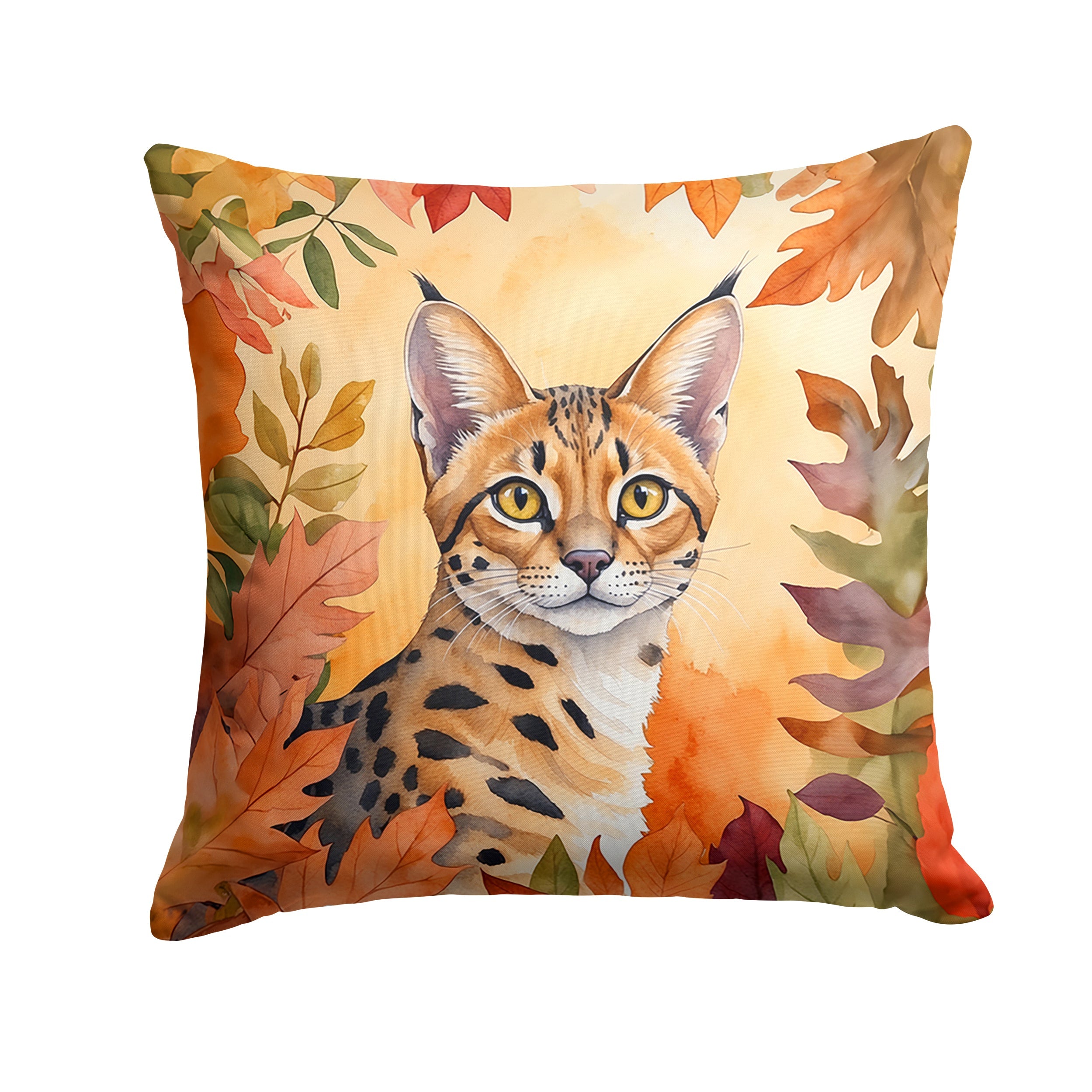 Serengeti Cat in Fall Leaves Decorative Throw Pillow 18x18 Indoor Outdoor Accent Cushion, Fabric Cover with Insert for Sofa, Bed, Porch & Living Room