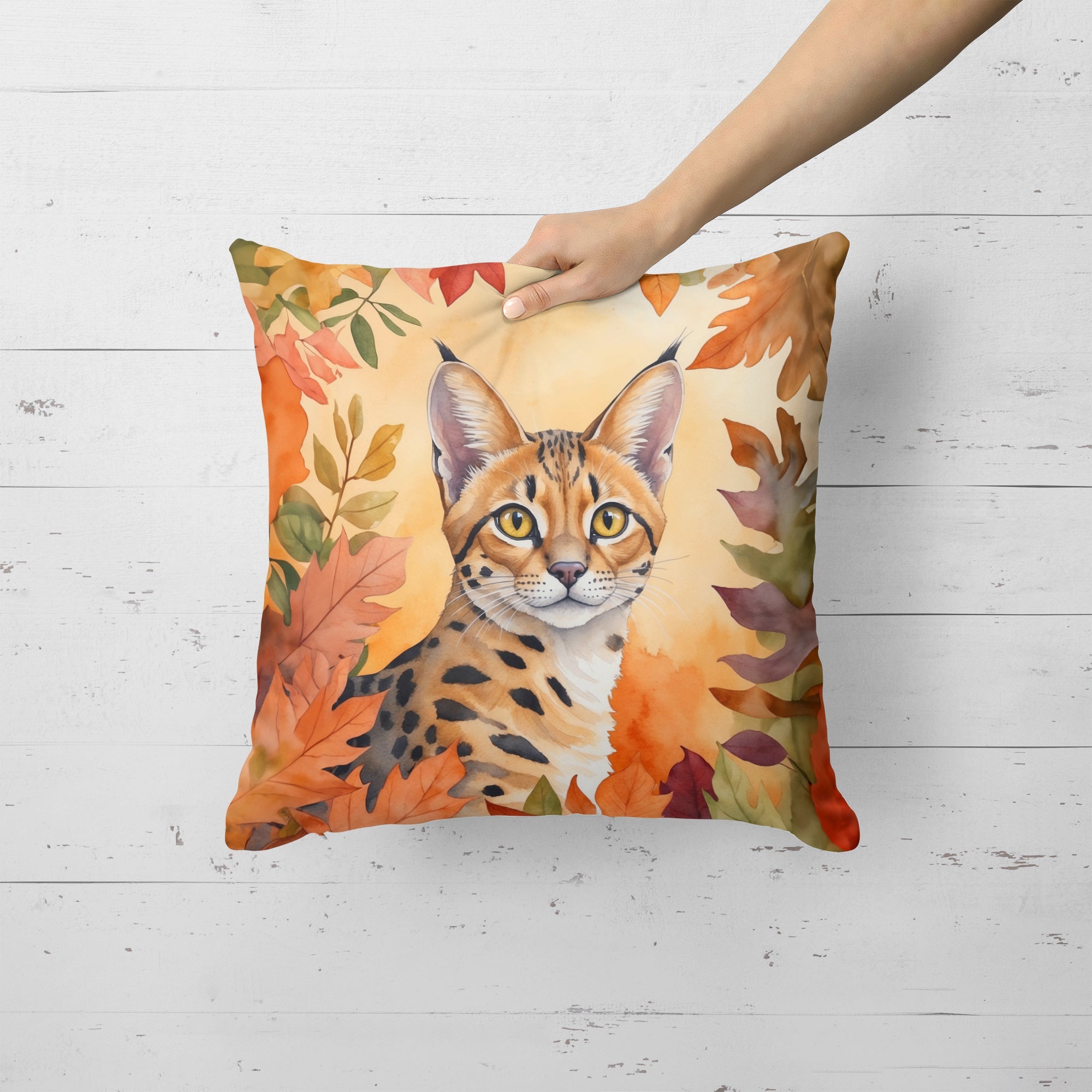 Serengeti Cat in Fall Leaves Decorative Throw Pillow 18x18 Indoor Outdoor Accent Cushion, Fabric Cover with Insert for Sofa, Bed, Porch & Living Room