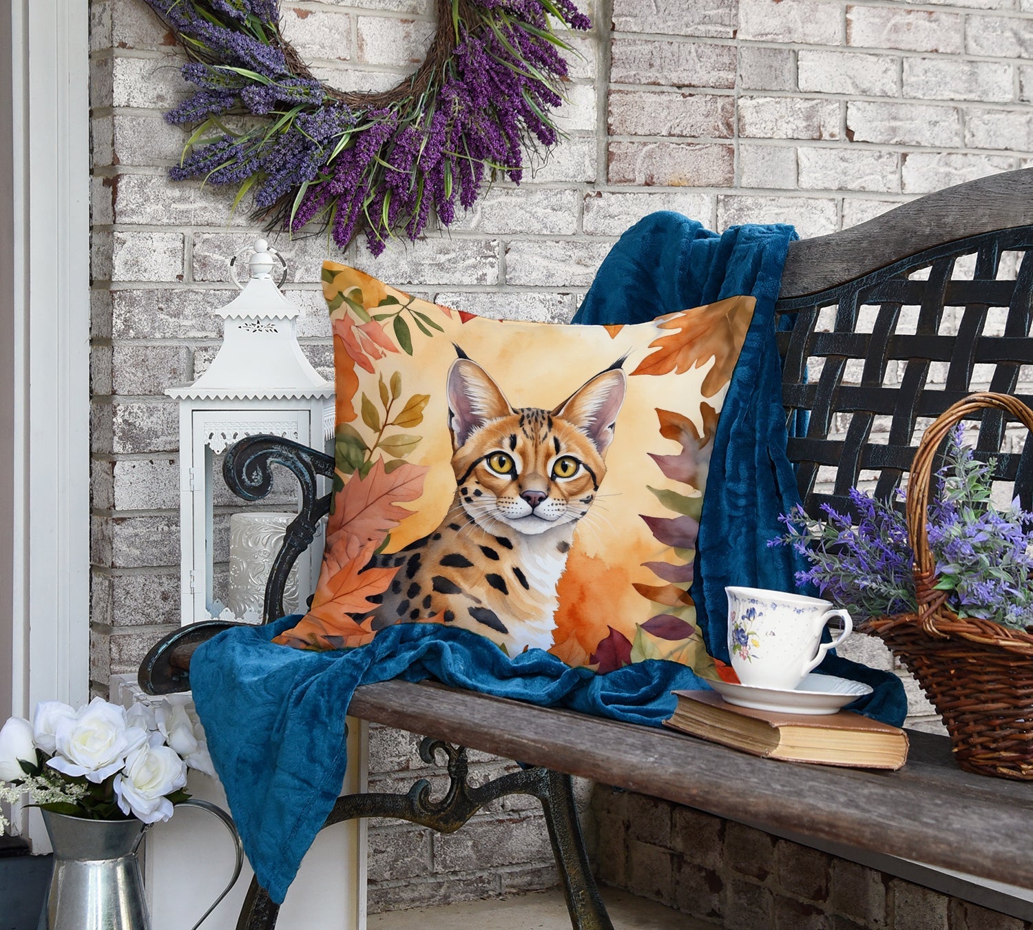Serengeti Cat in Fall Leaves Decorative Throw Pillow 18x18 Indoor Outdoor Accent Cushion, Fabric Cover with Insert for Sofa, Bed, Porch & Living Room