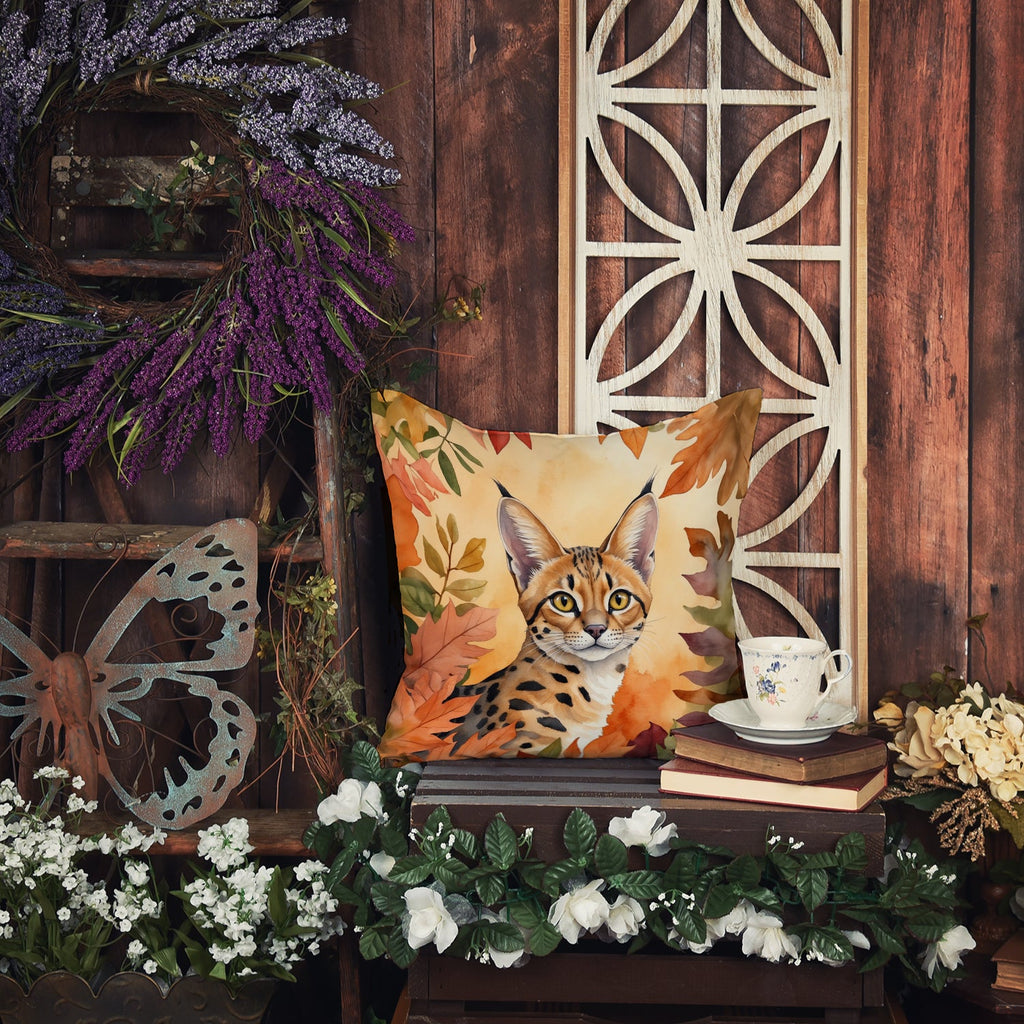 Serengeti Cat in Fall Leaves Decorative Throw Pillow 18x18 Indoor Outdoor Accent Cushion, Fabric Cover with Insert for Sofa, Bed, Porch & Living Room