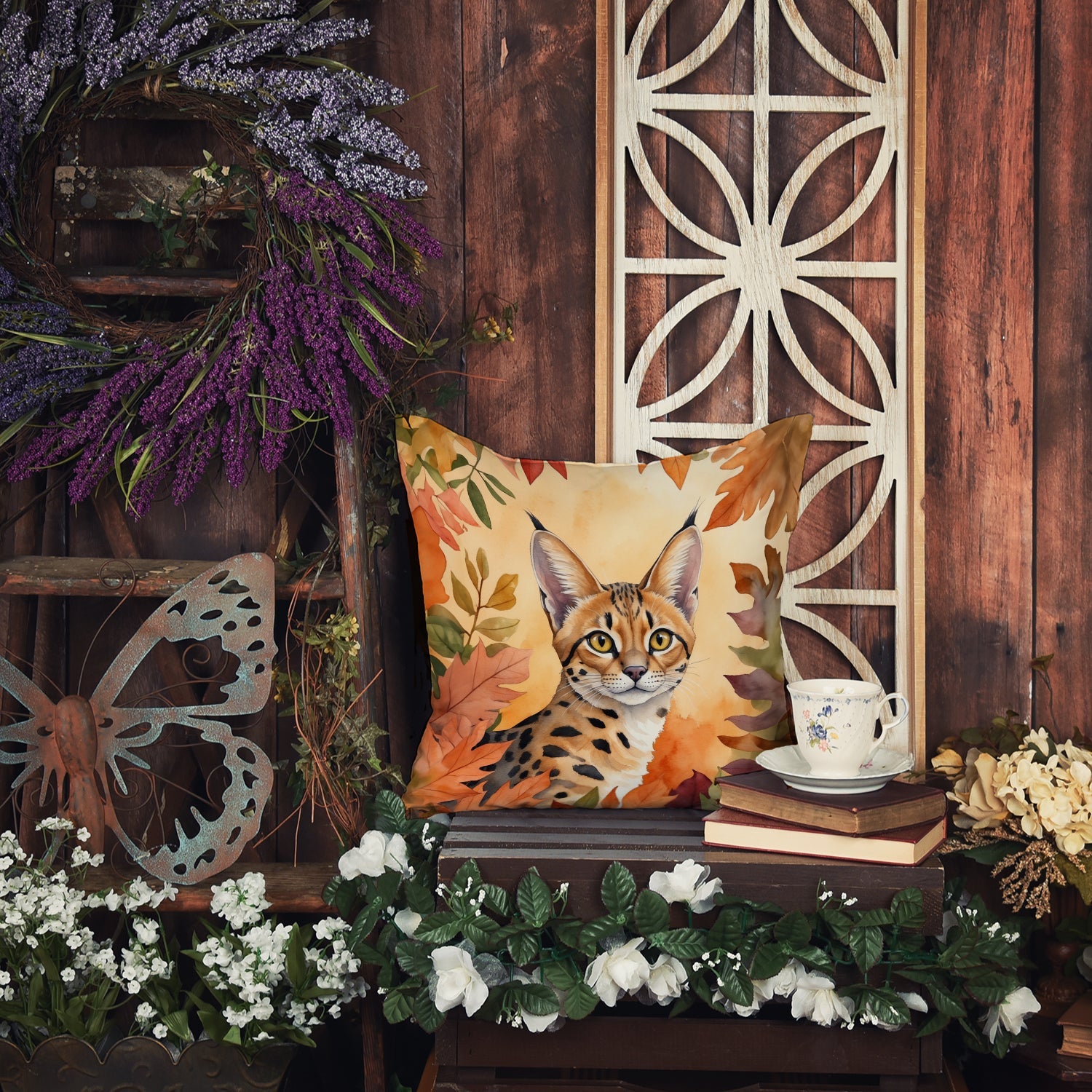 Serengeti Cat in Fall Leaves Decorative Throw Pillow 18x18 Indoor Outdoor Accent Cushion, Fabric Cover with Insert for Sofa, Bed, Porch & Living Room