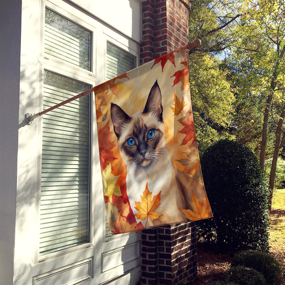 Siamese Cat in Fall Leaves House Flag 28x40 Porch Sleeve Pole Decorative Outside Yard Banner Artwork Wall Hanging, Polyester