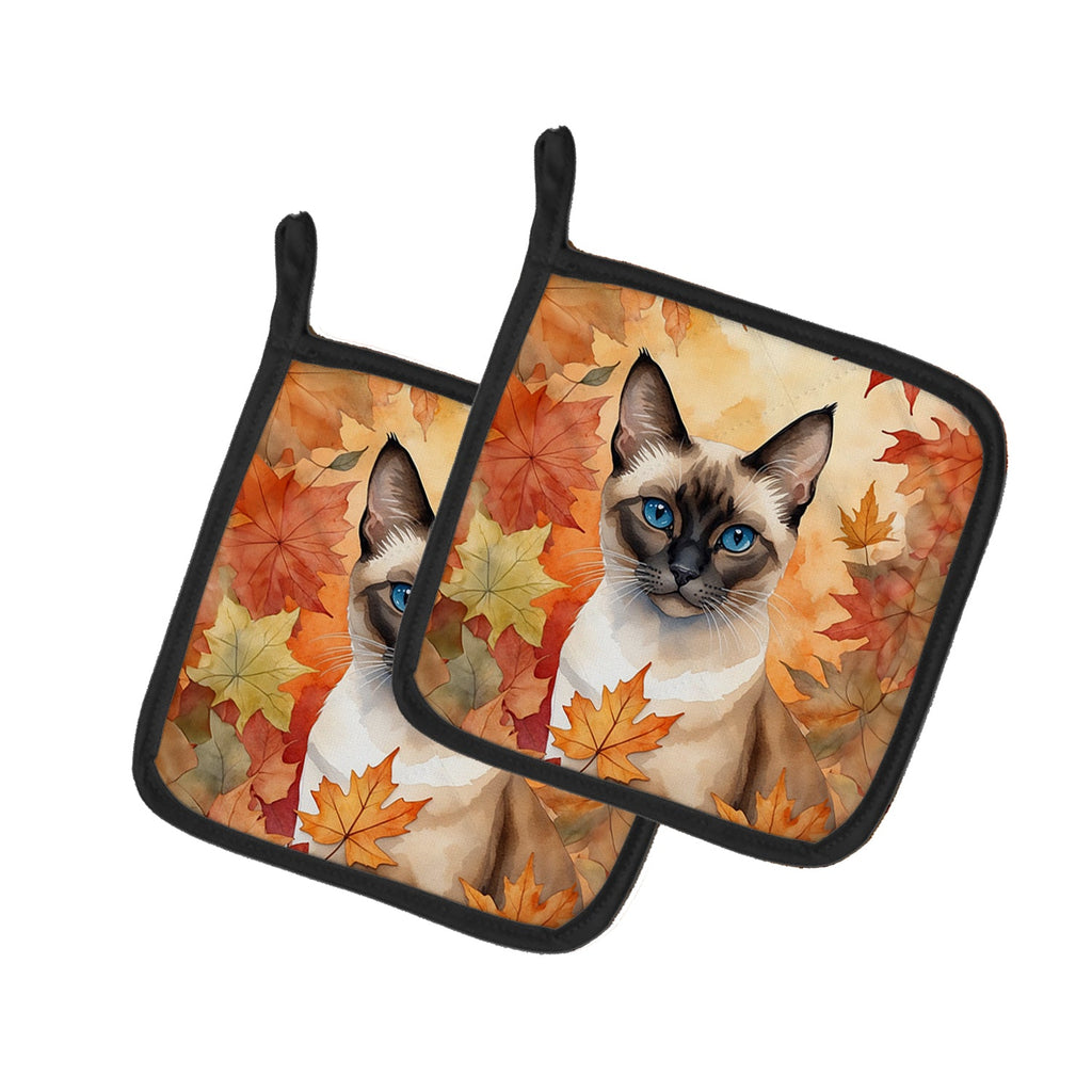 Siamese Cat in Fall Leaves Pot Holder Set of 2 Heat Resistant Quilted Hot Pads 7.5 x 7.5 Inch, Insulated Kitchen Trivets for Cooking & Baking