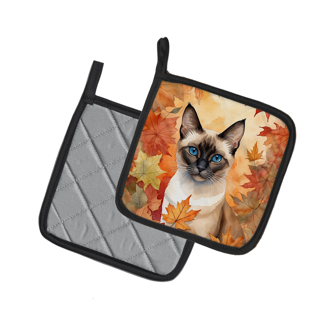 Siamese Cat in Fall Leaves Pot Holder Set of 2 Heat Resistant Quilted Hot Pads 7.5 x 7.5 Inch, Insulated Kitchen Trivets for Cooking & Baking