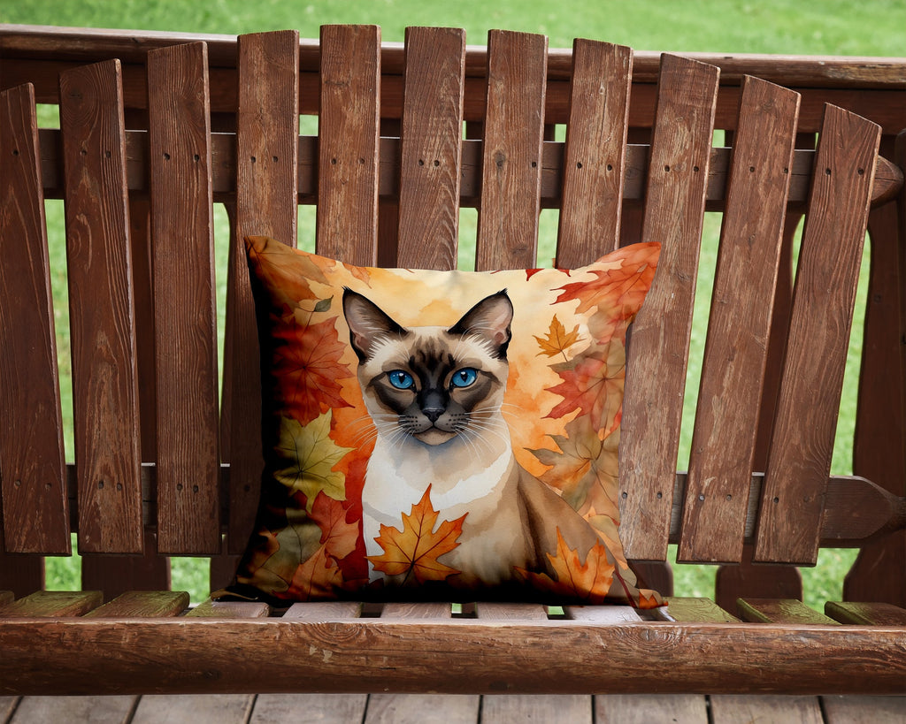 Siamese Cat in Fall Leaves Decorative Throw Pillow 14x14 Indoor Outdoor Accent Cushion, Fabric Cover with Insert for Sofa, Bed, Porch & Living Room