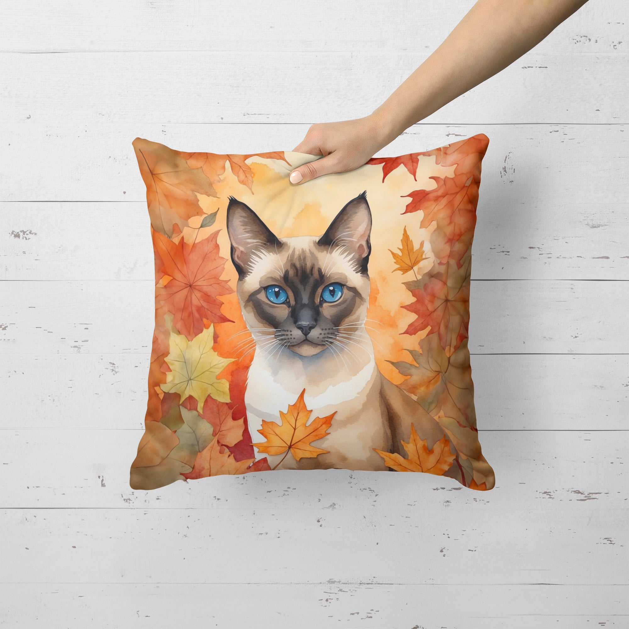 Siamese Cat in Fall Leaves Decorative Throw Pillow 18x18 Indoor Outdoor Accent Cushion, Fabric Cover with Insert for Sofa, Bed, Porch & Living Room