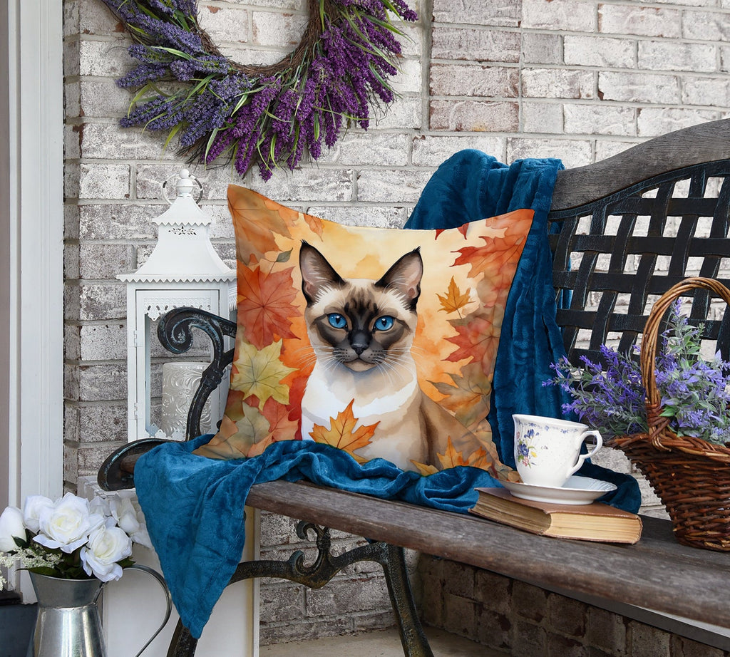 Siamese Cat in Fall Leaves Decorative Throw Pillow 18x18 Indoor Outdoor Accent Cushion, Fabric Cover with Insert for Sofa, Bed, Porch & Living Room