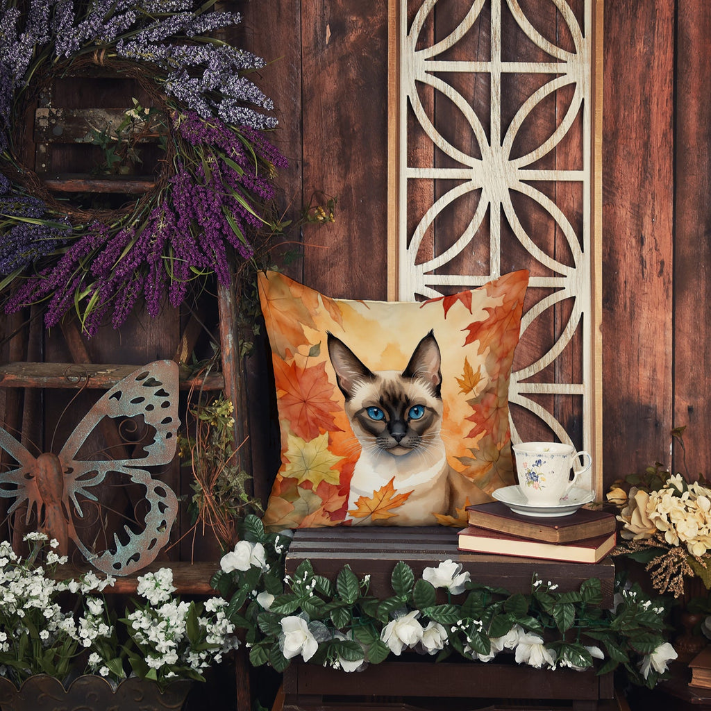 Siamese Cat in Fall Leaves Decorative Throw Pillow 18x18 Indoor Outdoor Accent Cushion, Fabric Cover with Insert for Sofa, Bed, Porch & Living Room