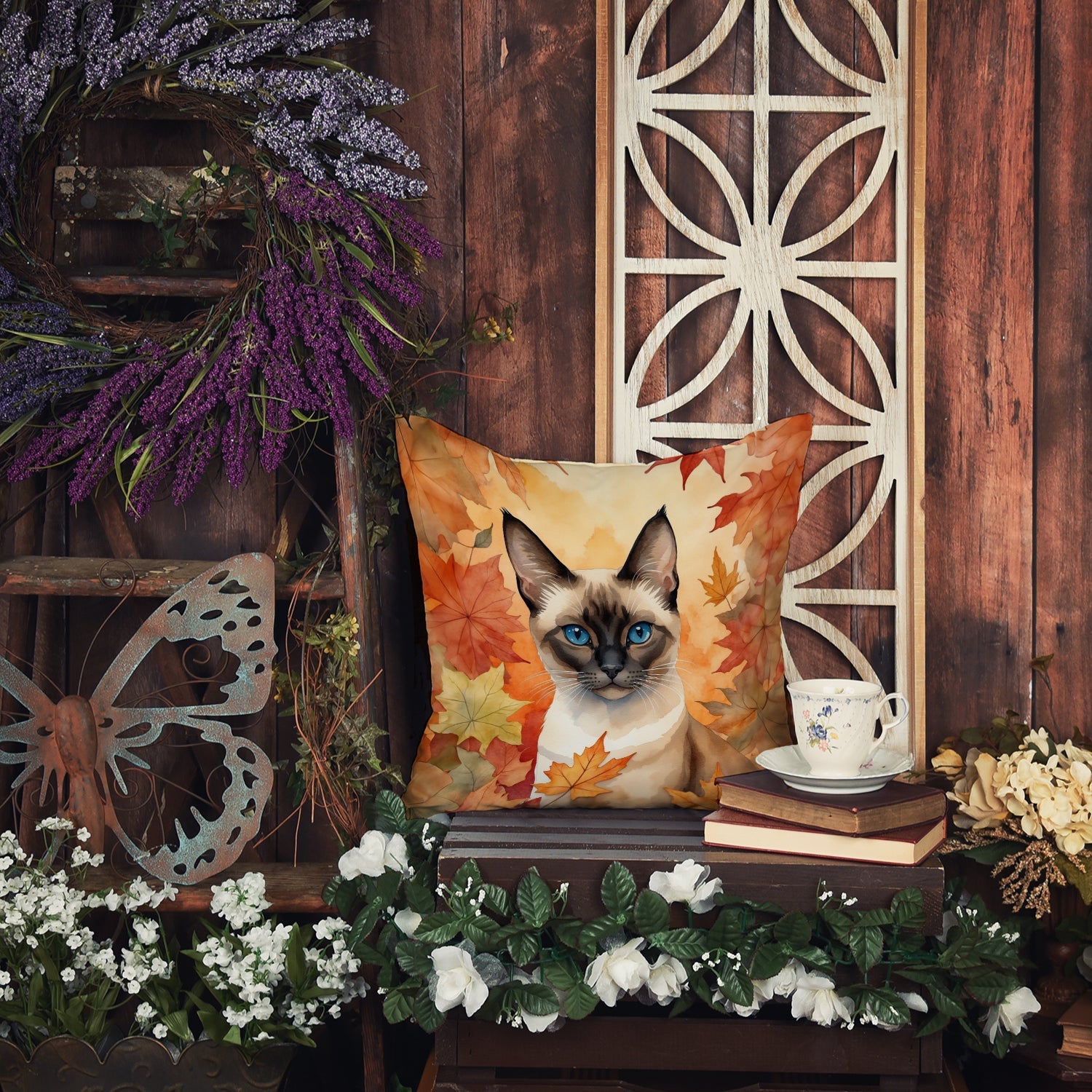 Siamese Cat in Fall Leaves Decorative Throw Pillow 18x18 Indoor Outdoor Accent Cushion, Fabric Cover with Insert for Sofa, Bed, Porch & Living Room